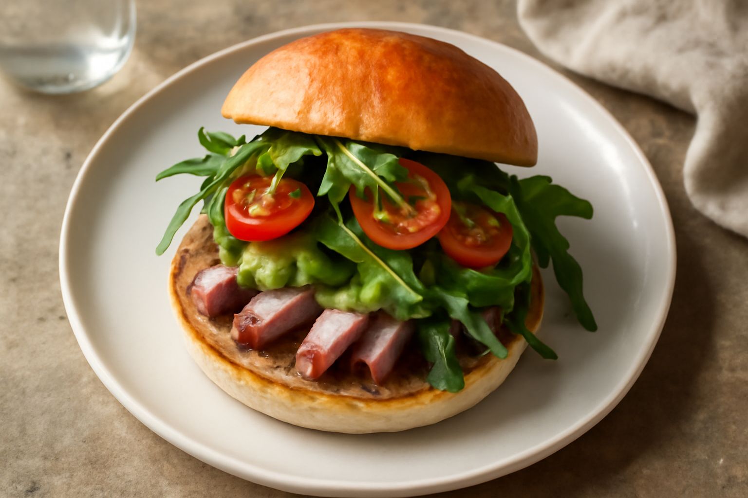 Panini aperti su un piatto bianco, fette di polpo grigio-rosa adagiato su pane tostato beige, guarnito con strisce di avocado verde, rucola e pomodoro affettato sottile, con limone fresco ai lati