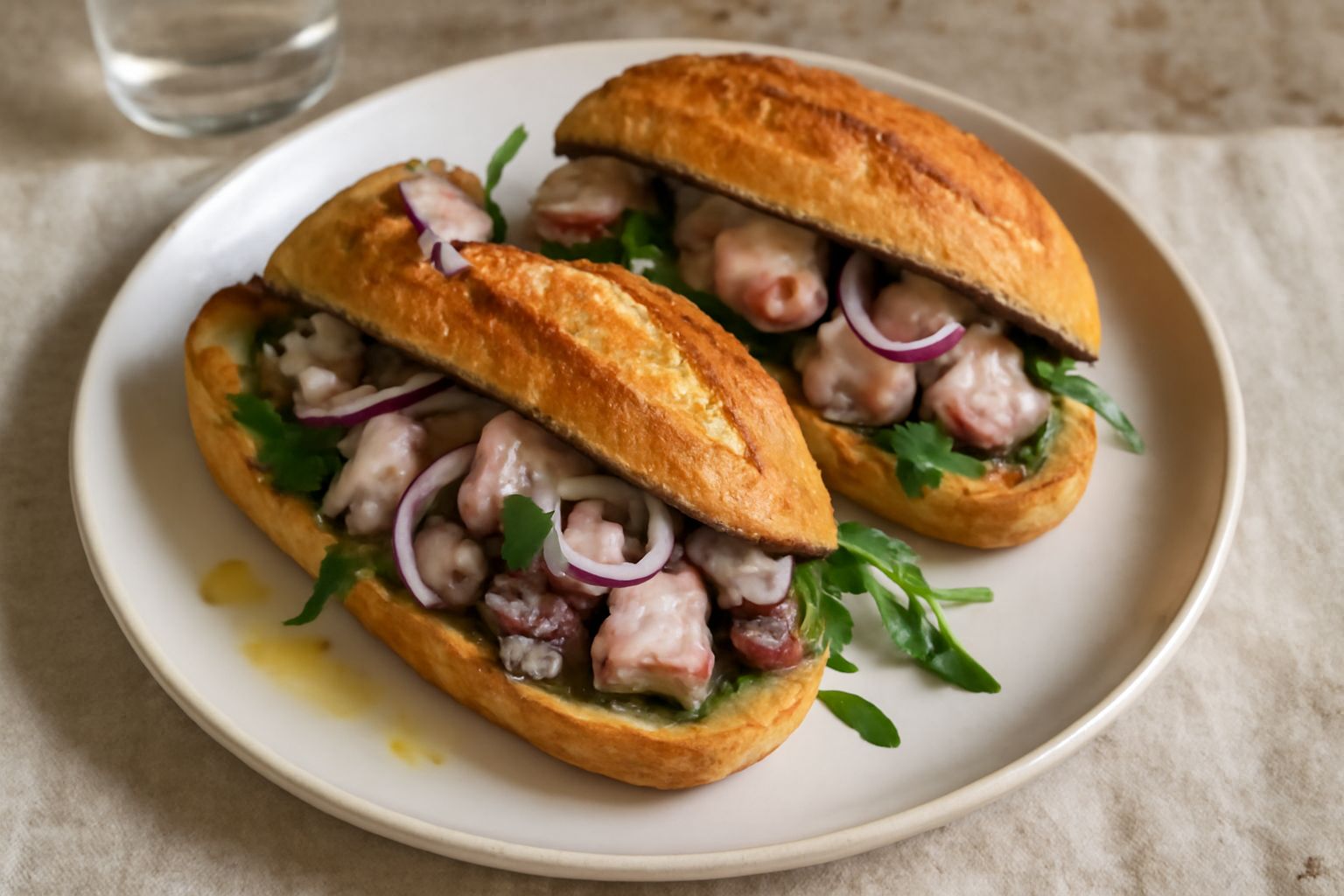 Tre panini aperti con polpo bollito grigio-rosa sbriciolato, cipolla rossa fettine sottili, sedano verde e rucola su pane bianco tostato leggermente, serviti su un piatto bianco con limone tagliato a 