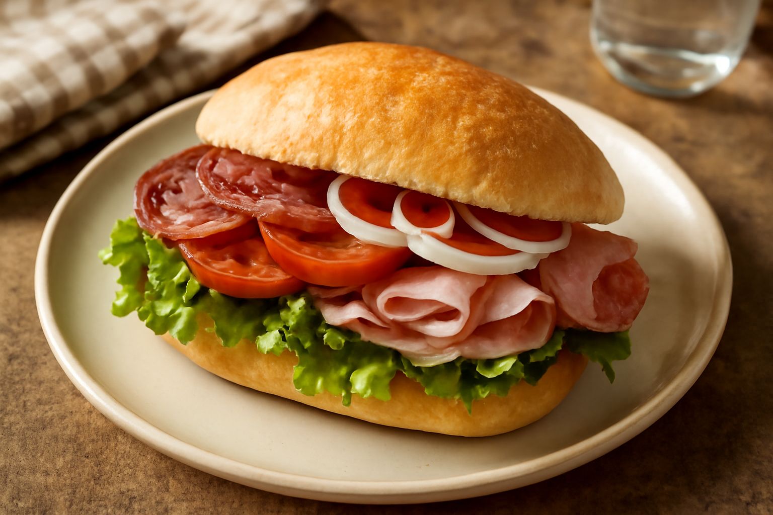 Panini tagliati a metà con salumi rossi e rosa, formaggio giallo, foglie verdi di insalata e pomodori freschi, disposti su un tagliere di legno con fondo bianco