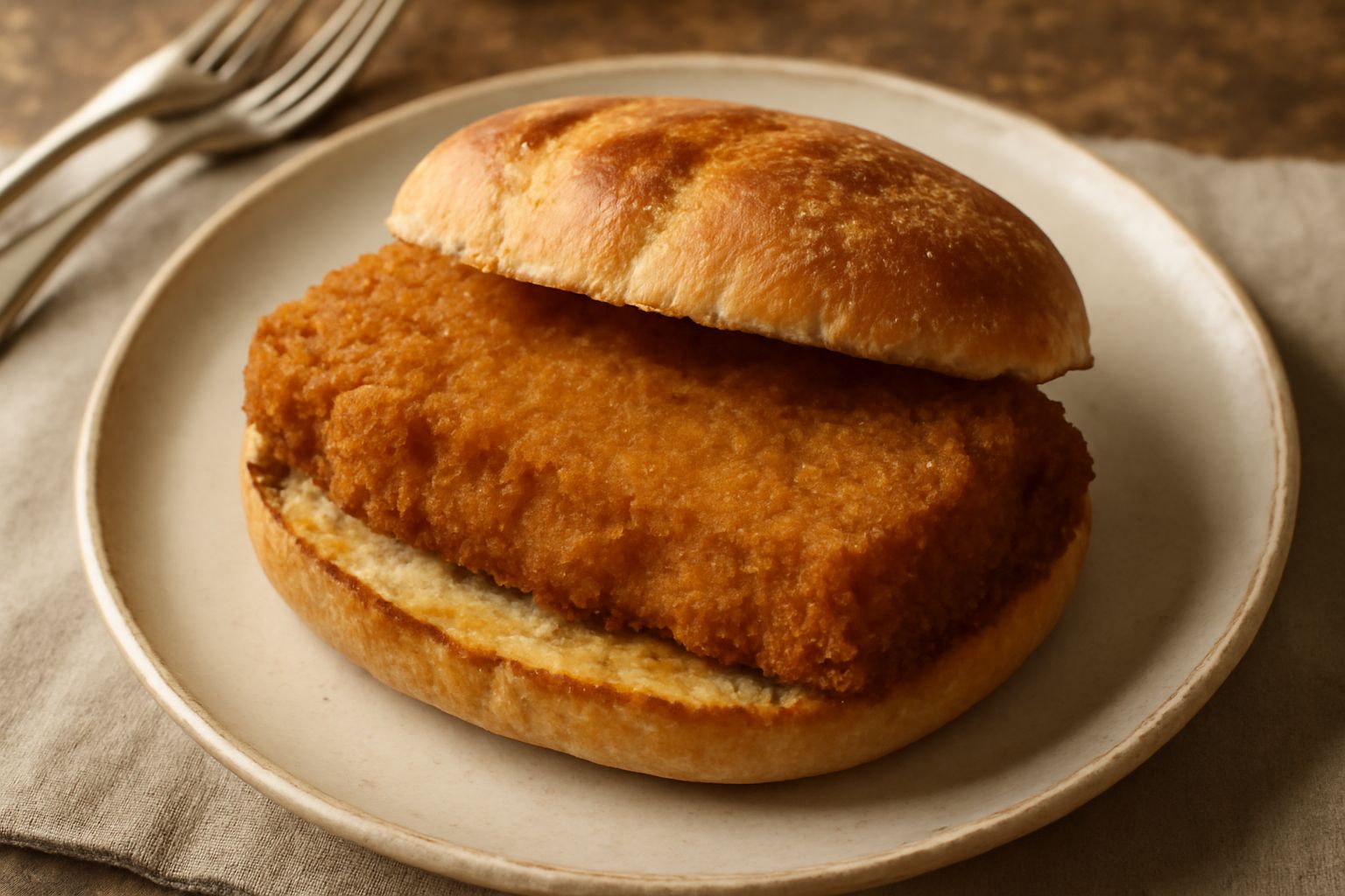 Panino aperto su un piatto bianco, mostrando la polpa di maiale fritta dorata e croccante dentro il pane tostato, con gocce di olio lucido visibili e la panatura marrone intorno al ripieno