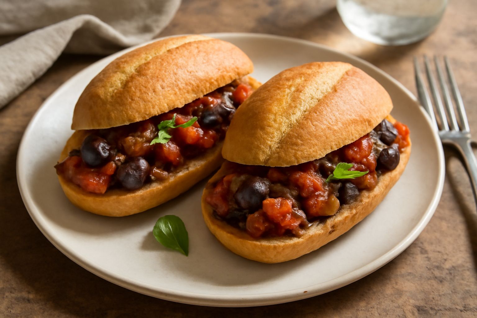 Panino aperto che mostra il ripieno di caponata: melanzane viola scure, pomodori rossi, olive nere, cipolla, il tutto su pane tostato color oro con semi di sesamo
