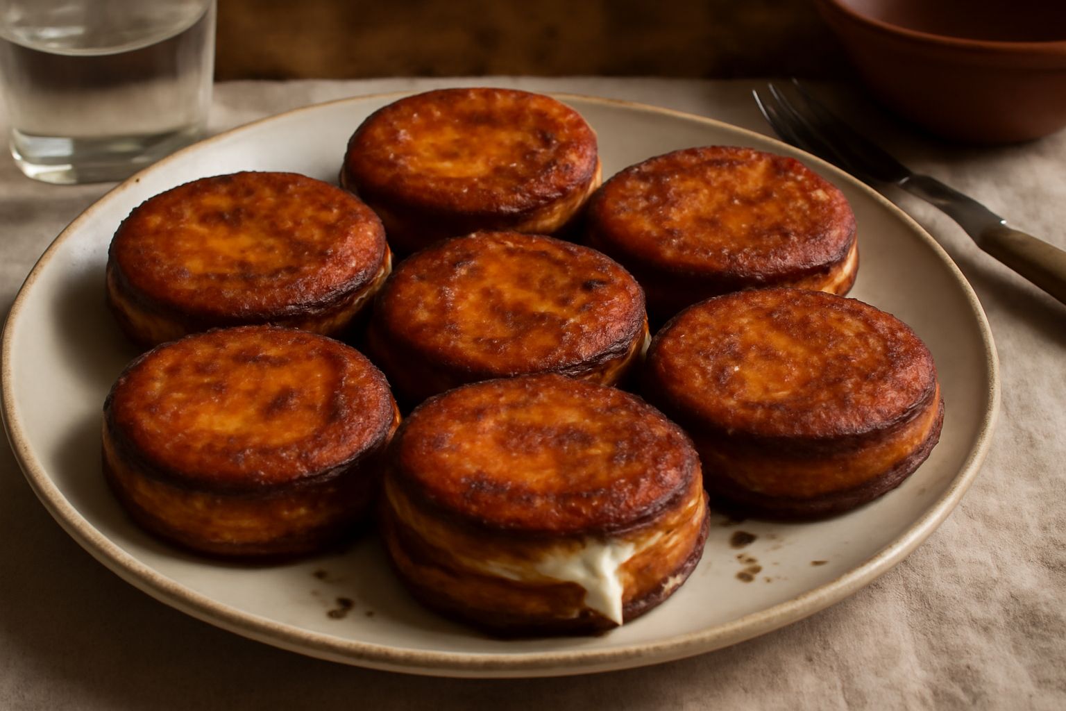 Quattro panini di melanzane impilati, dorati e croccanti, con formaggio filante che fuoriesce, disposti su carta da forno con una foglia di basilico verde sulla parte superiore