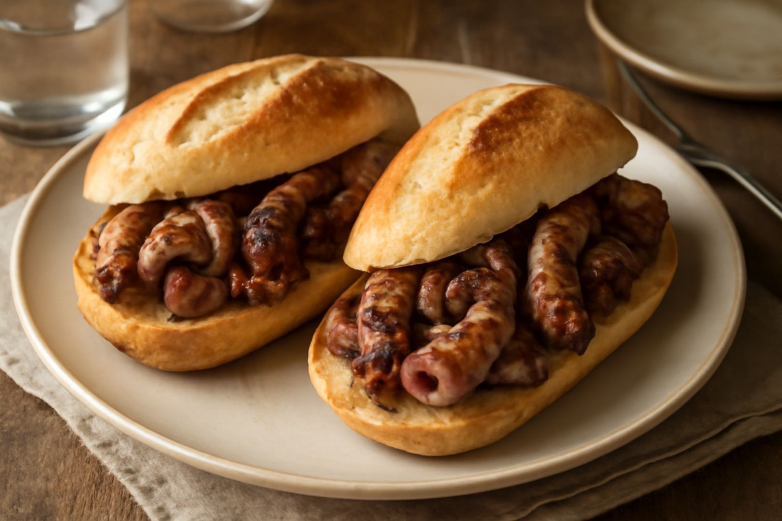 Panino di stigghiola appena aperto mostrando le interiora grigliate di colore dorato e marrone, racchiuse dentro pane casereccio croccante di colore ocra, poggiato su carta bianca con limone fresco ta