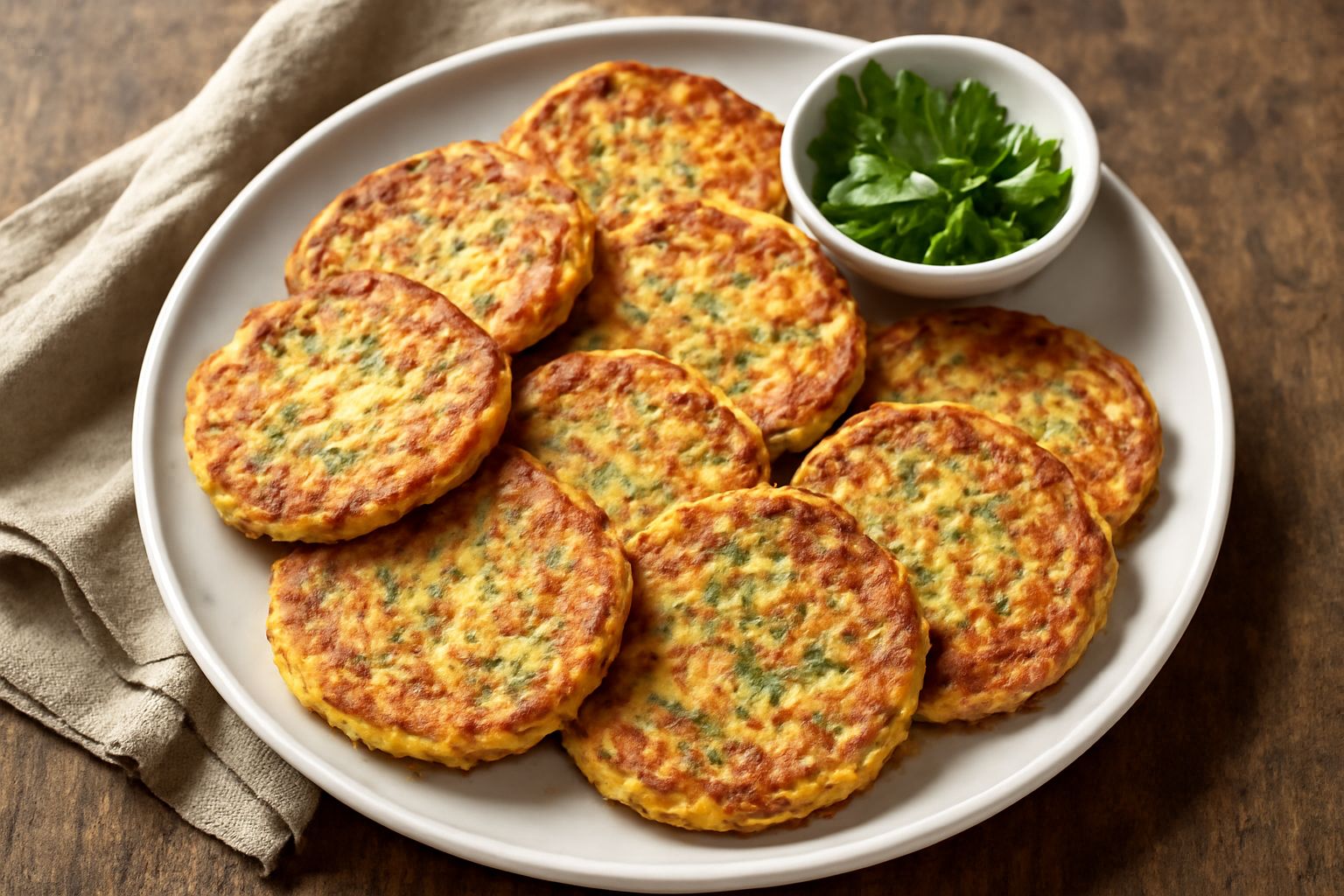 Quattro panini di zucchina dorati e croccanti in una padella di ghisa, con un piatto bianco sullo sfondo e una ciotola di yogurt naturale