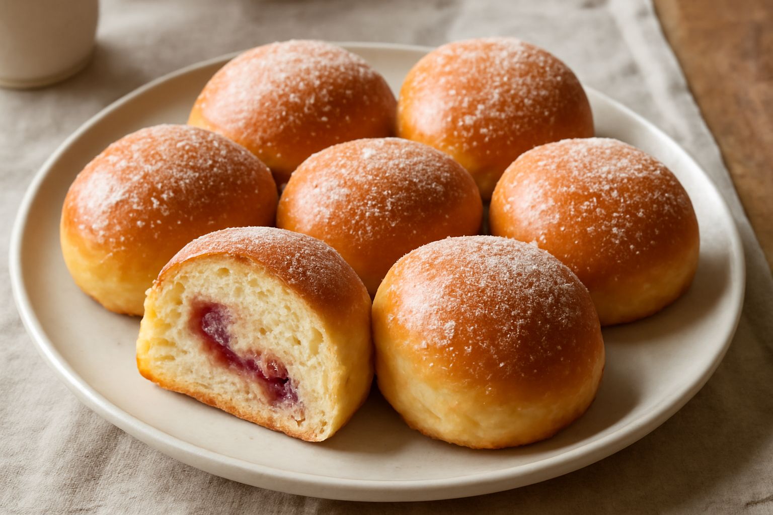 Cinque panini dolci dorati al forno disposti su un piatto bianco, ricoperti di zucchero semolato, tagliati a metà per mostrare il ripieno di marmellata rosso scuro, con vapore ancora visibile