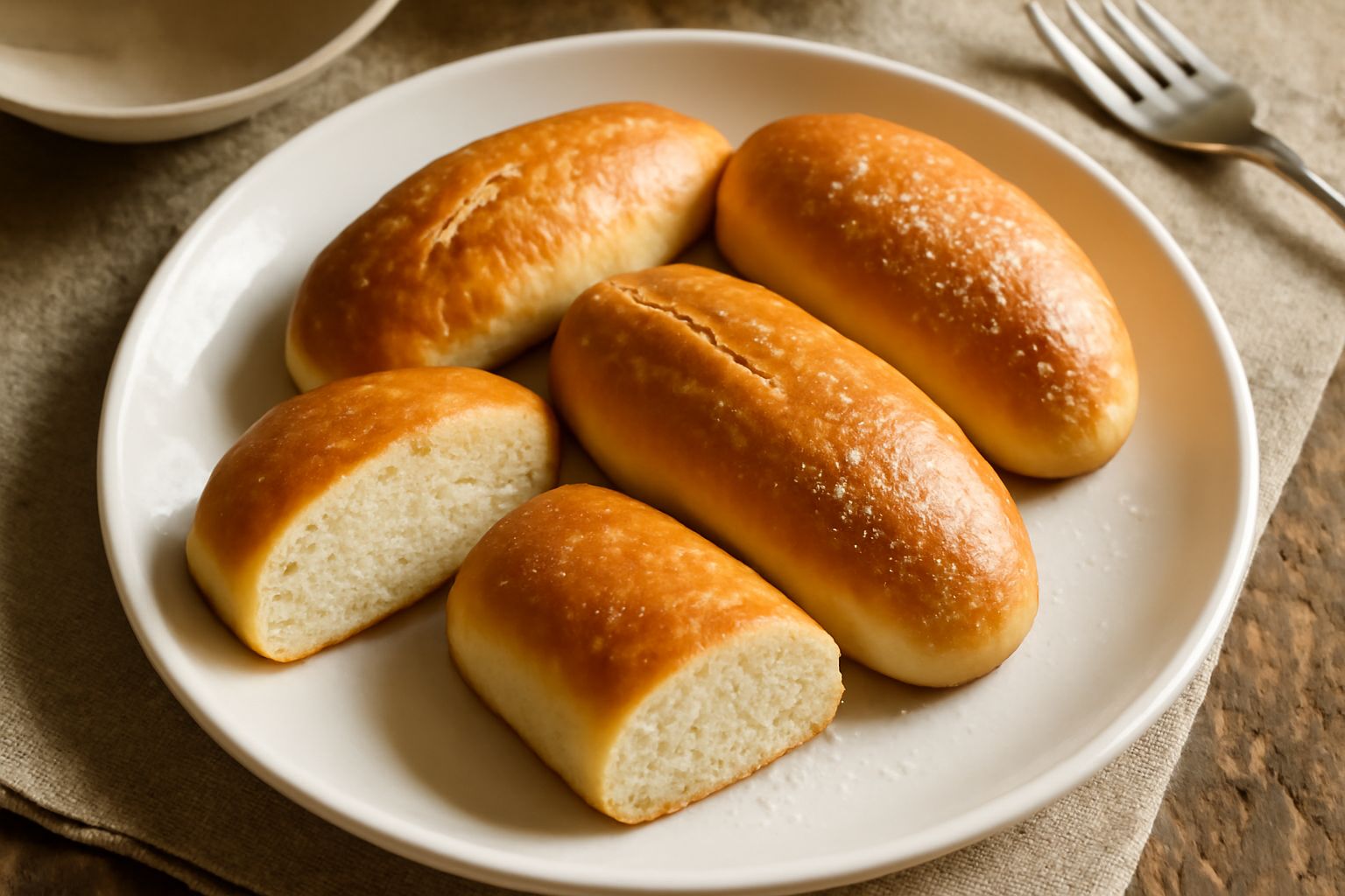 Panini dolci calabresi dorati disposti su un piatto bianco, spaccati a metà per mostrare il ripieno con miele, noci e canditi, contorno di zucchero semolato sulla superficie e un bicchiere di latte di