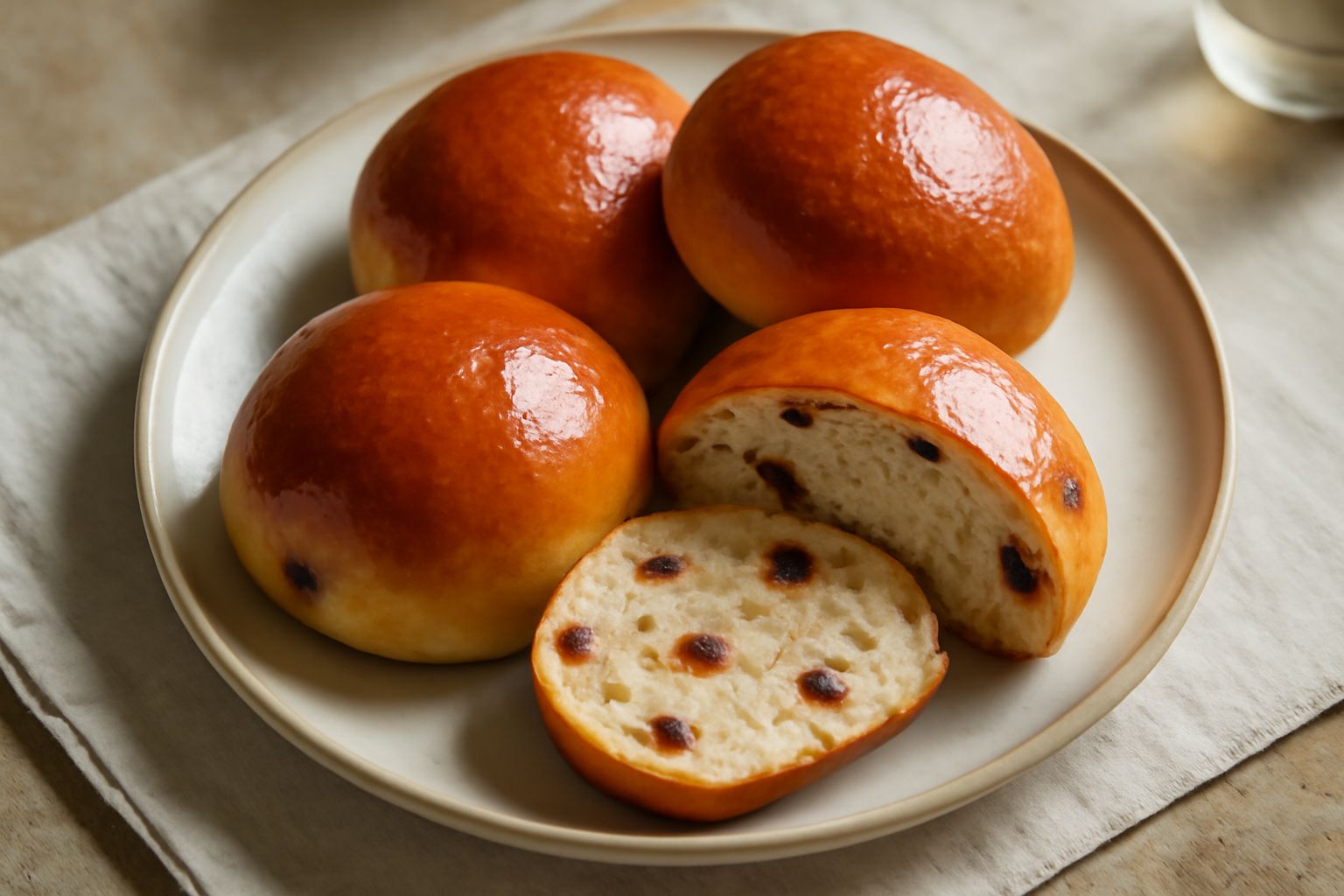 Quattro panini dolci color oro su piatto bianco, superficie liscia e lucida, visibili pezzetti di uvetta scura e scorze gialle di arancia candita, vapore leggero, contorno di carta da forno bianca