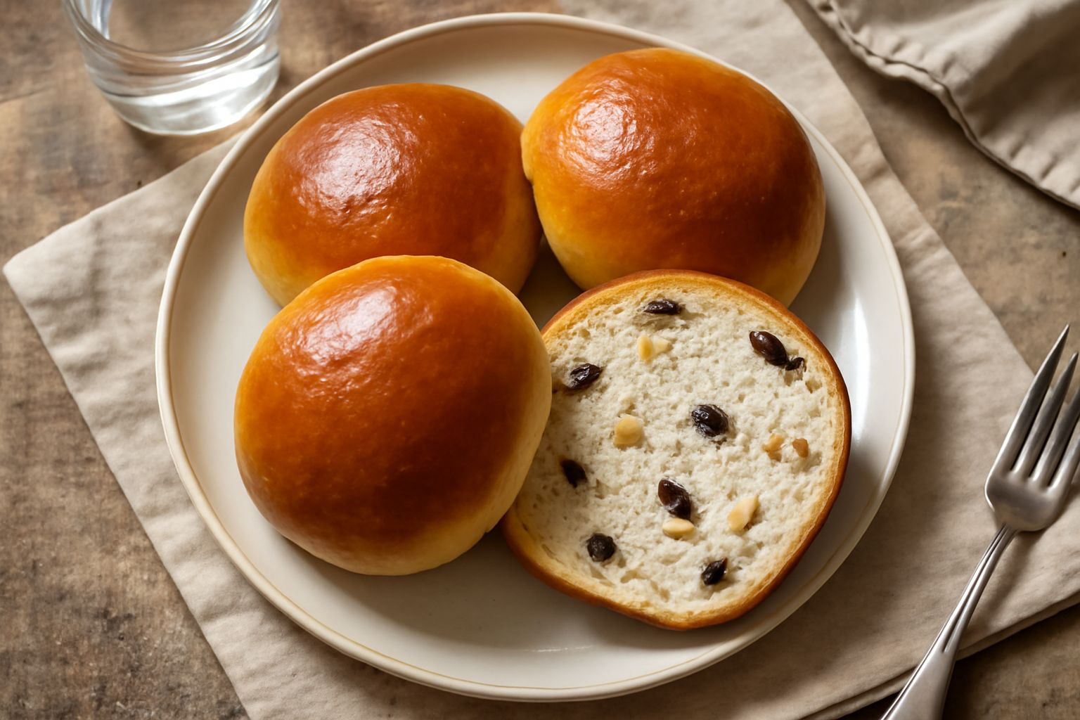 Panini dolci di Ferrara dorati e soffici su un piatto di ceramica bianca, con la superficie leggermente glassata e striature di uvetta visibili sulla parte superiore, vapore caldo che sale, fondo sfoc