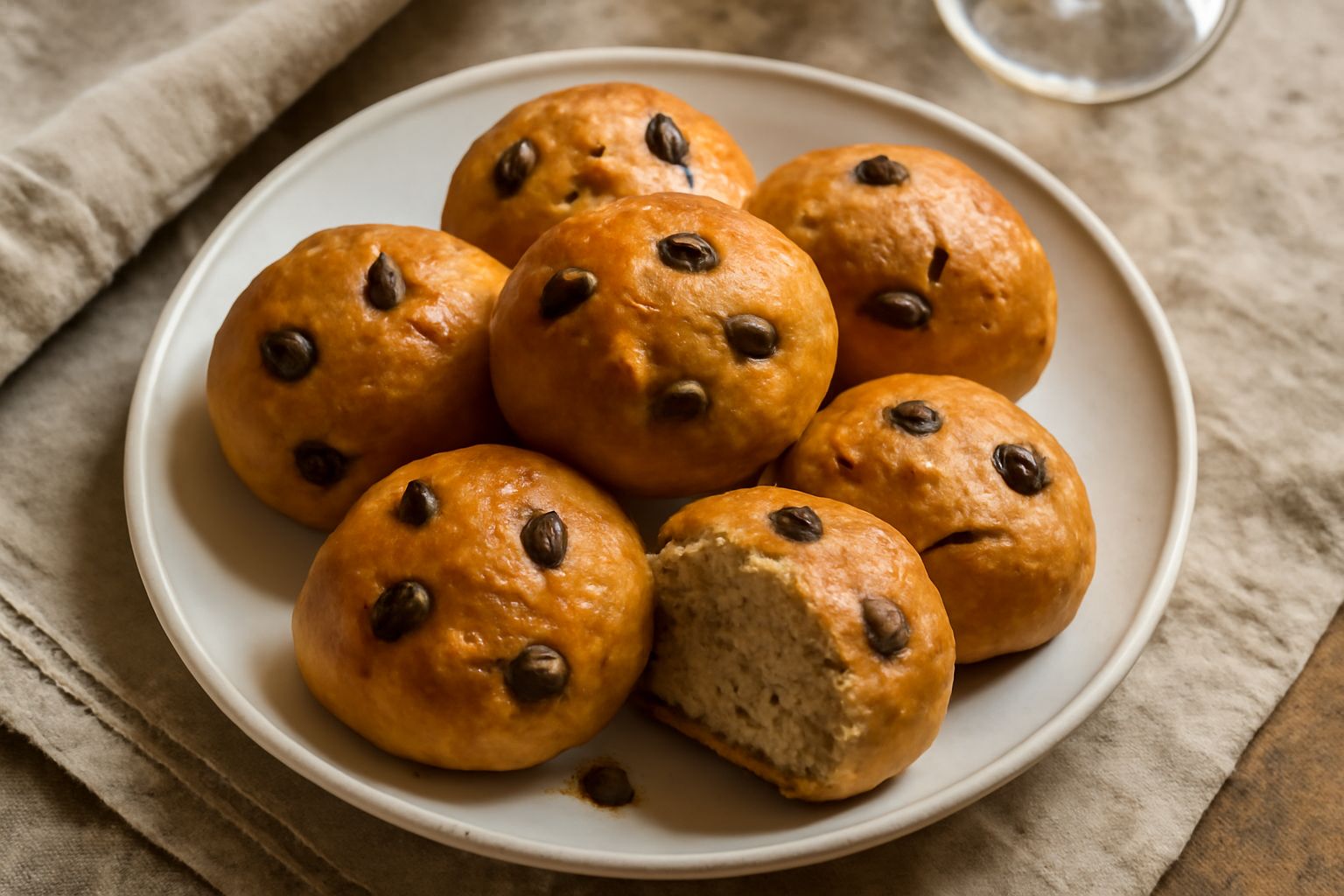 Cinque panini dolci rotondi e dorati poggiati su un panno di lino bianco, superficie leggermente lucida e crepe dorate, uvetta visibile sulla sommità, contorno di terra toscana sfocato