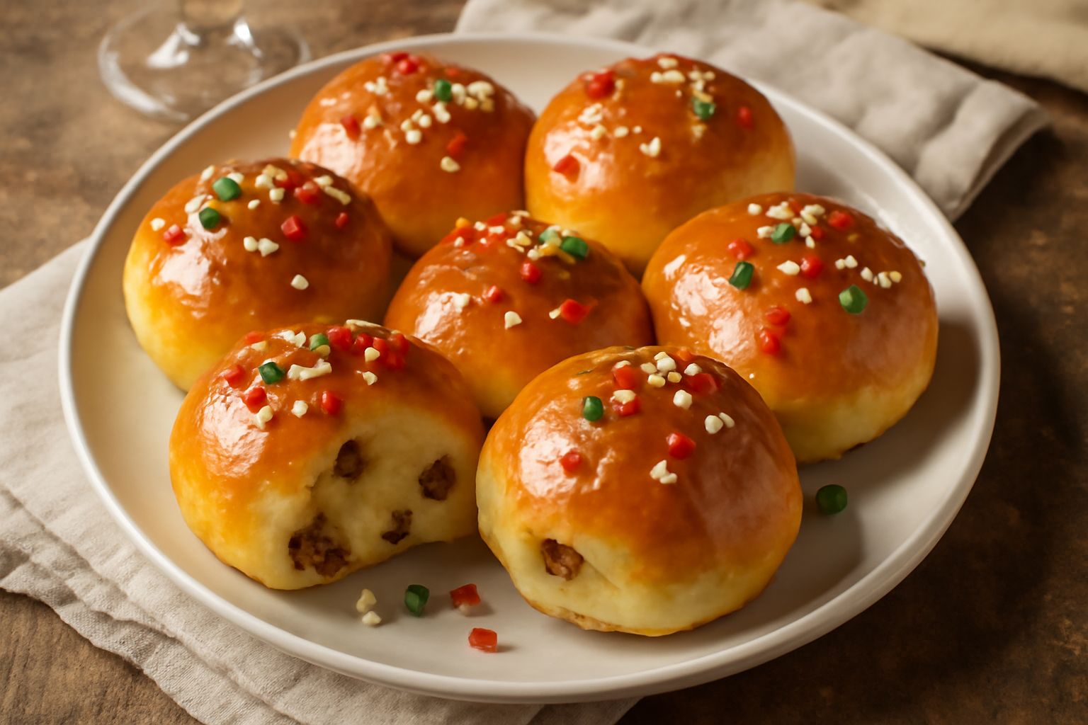 Tre panini dolci natalizi tondi e dorati, disposti su un piatto di ceramica bianca, ricoperti di glassa trasparente e zucchero perlato, con una stella di cannella accanto e sfondo rosso natalizio