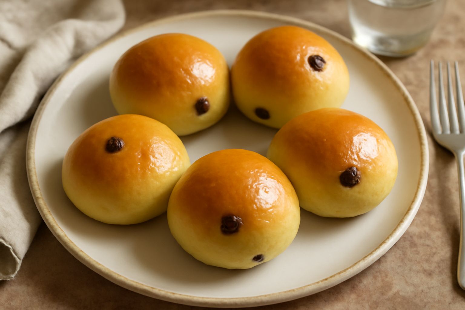 Panini dolci di semolina dorati e lisci su un piatto bianco, spolverati di zucchero di canna, con uvetta visibile sulla superficie e una tazza di latte di sfondo