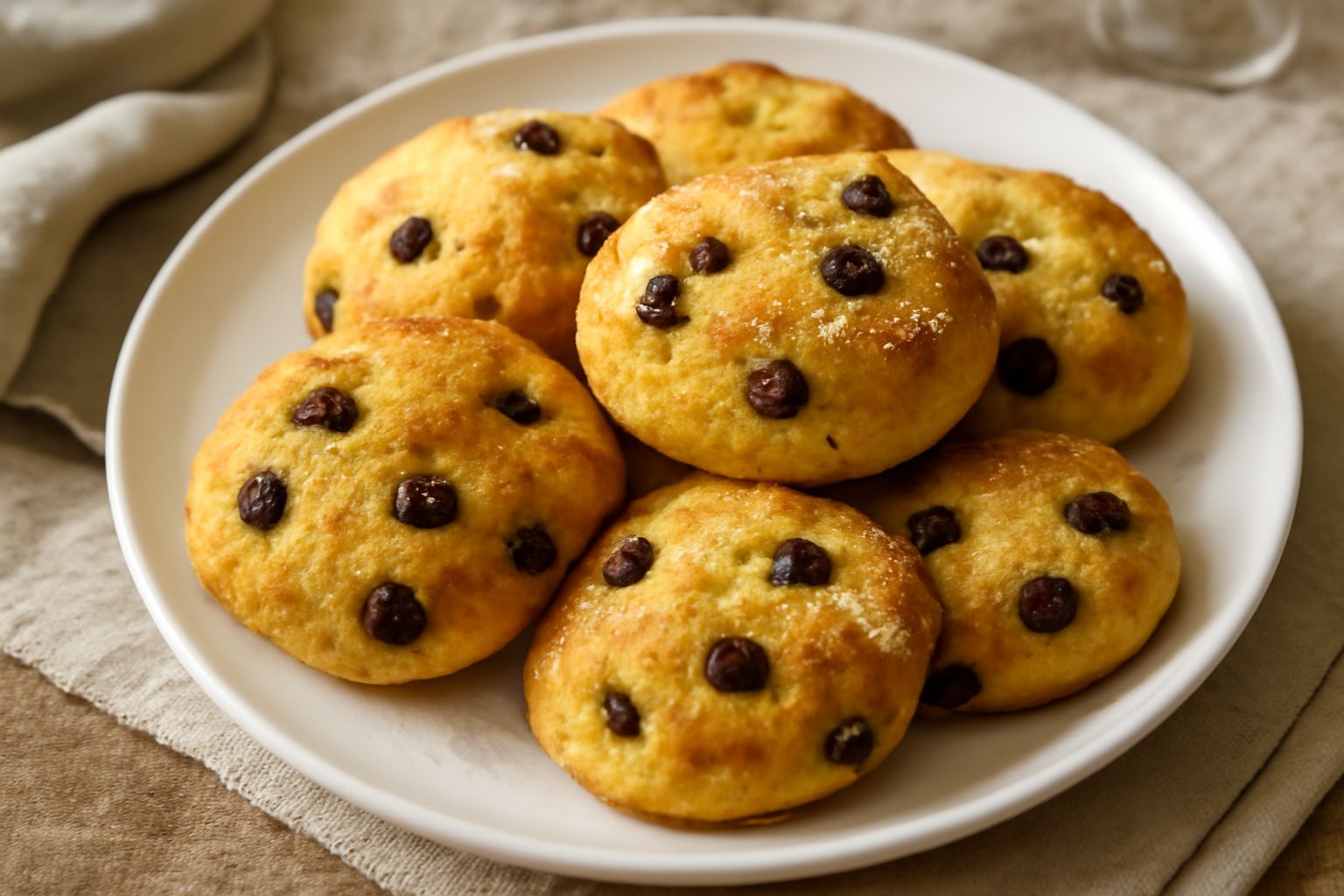Panini dolci livornesi disposti su carta da forno: focacce dorate e soffici con uvetta visibile in superficie, profilo morbido e leggermente irregolare, spolverate di zucchero semolato