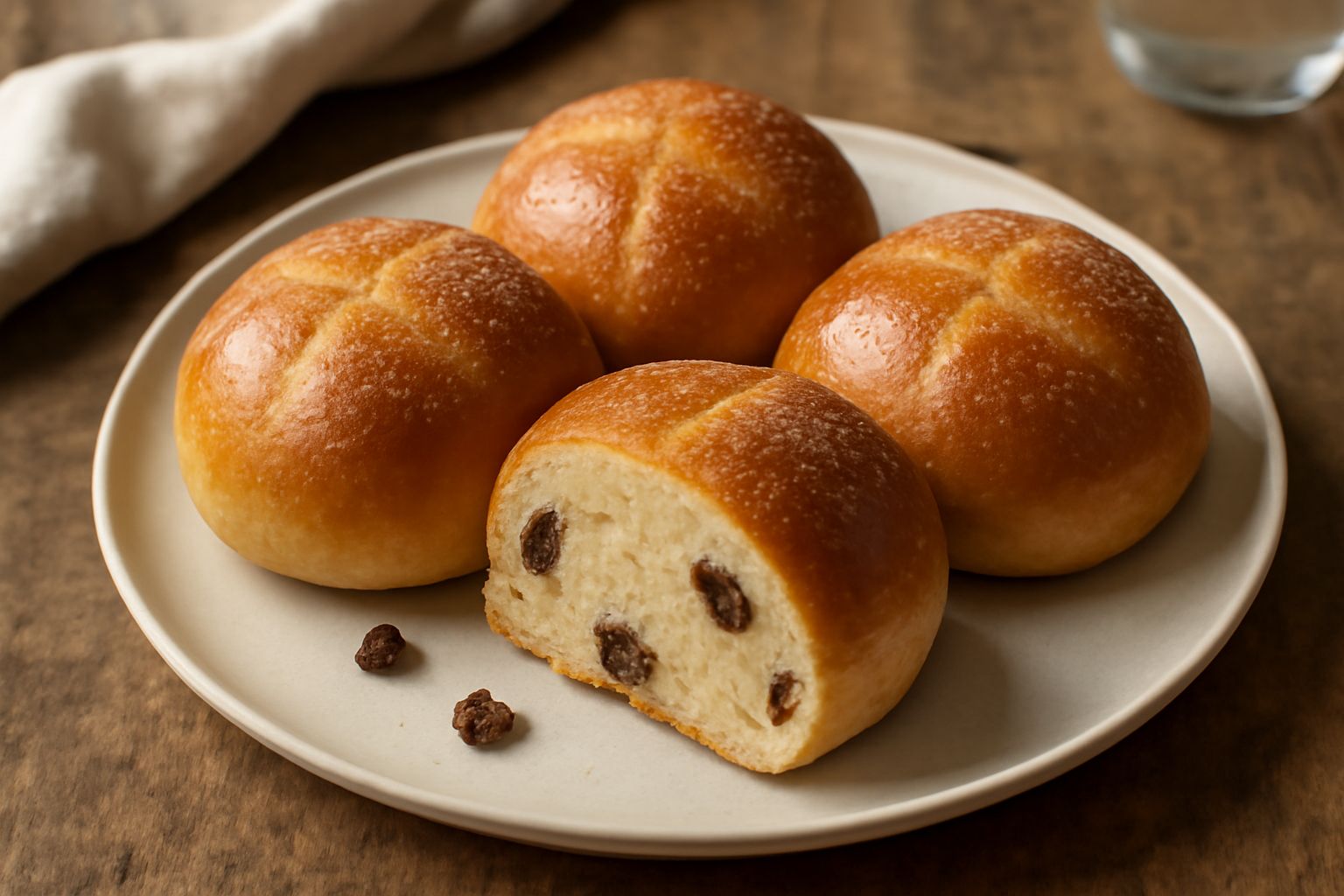 Panini dolci pasquali dorati e tondi disposti su una tovaglia di lino bianco, superficie lucida e croccante, spolverate di zucchero semolato, visibili frammenti di uvetta e scorza di arancia nella mol