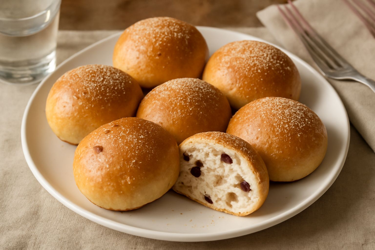 Panini dolci pisani dorati, tondi e lisci, poggiati su un piatto bianco, con tracce di zucchero semolato sulla superficie e pinoli visibili tra le pieghe della crosta, in luce naturale