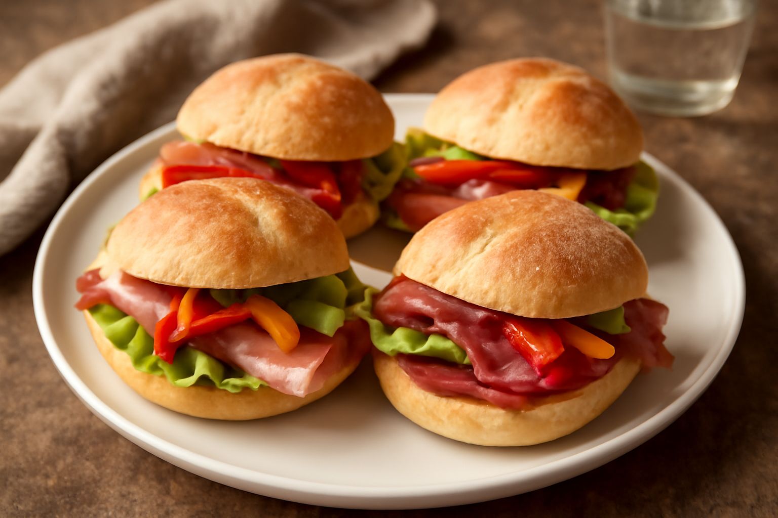 Due panini freddi liguri tagliati a metà su un piatto bianco, con pane color oro, prosciutto crudo in vista, foglie di insalata verde e peperoni rossi marinati, su una tovaglia a quadri bianchi e azzu