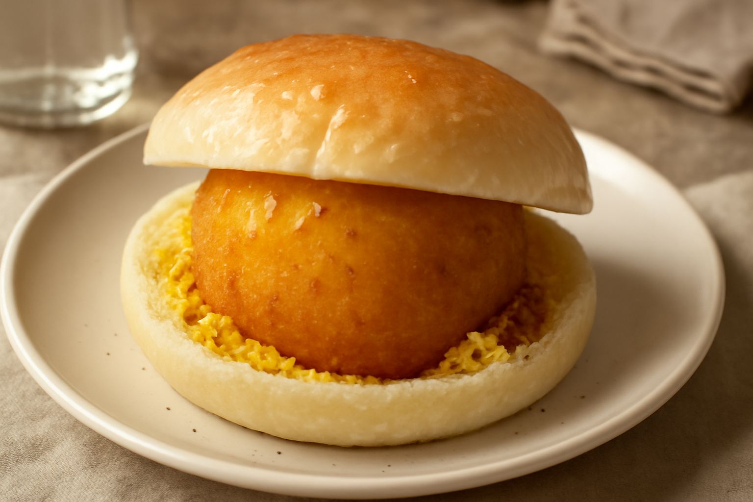 Panino ca' arancini tagliato a metà, che mostra l'arancino dorato fritto all'interno circondato dal pane bianco, servito su un piatto bianco con limone fresco accanto