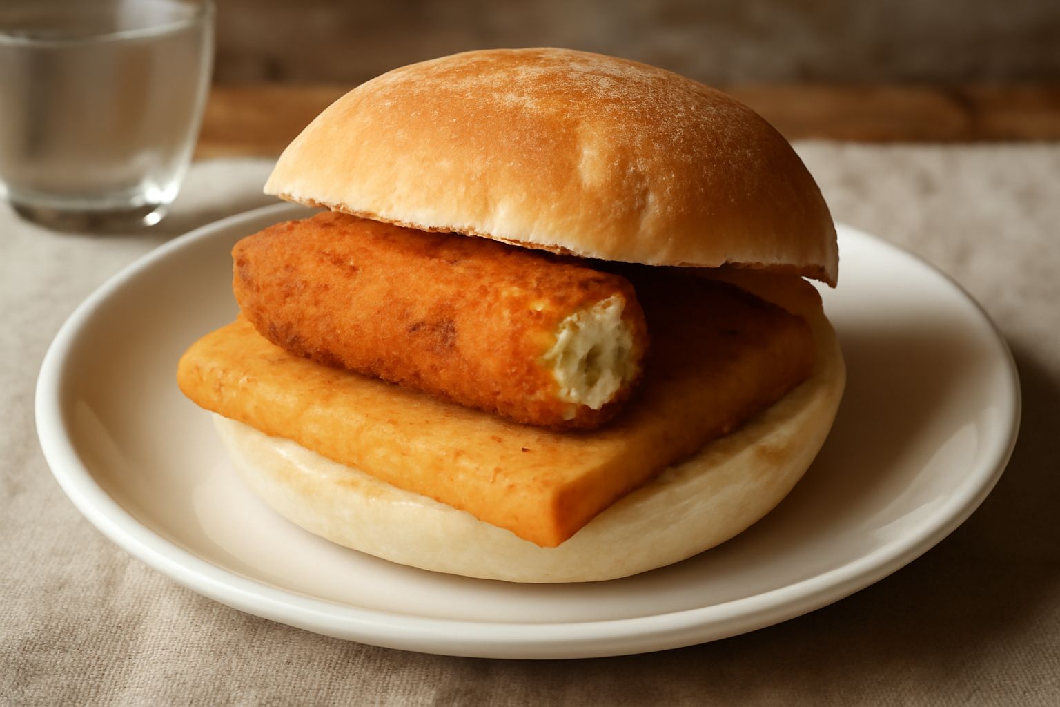 Panino aperto con dentro due crocchè di patate e due panelle di ceci dorate, croccanti, dentro pane carasau tostato, servito su piatto bianco con limone a spicchi accanto