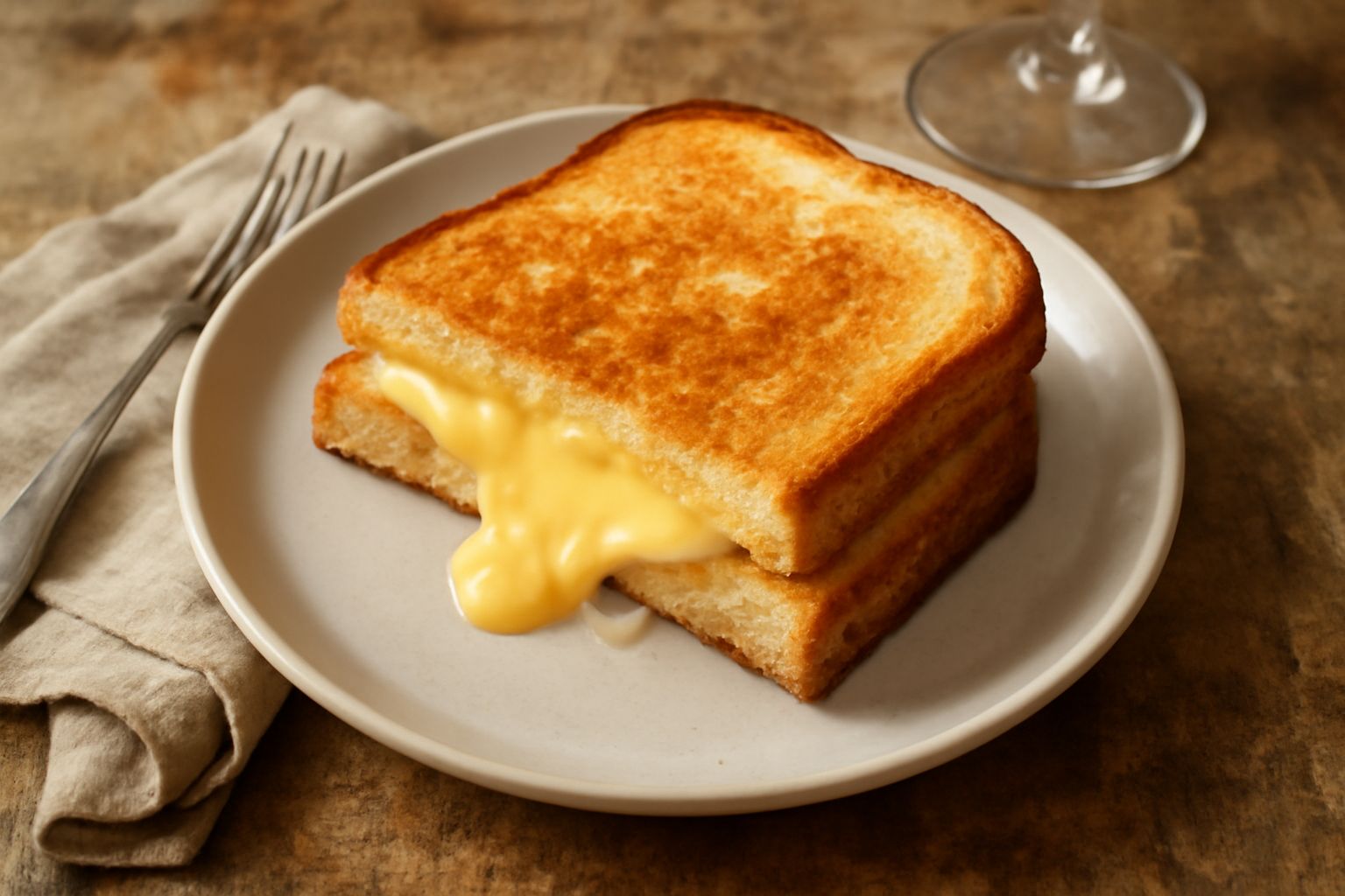 Panino appena sfornato, con pane dorato e croccante, formaggio giallo che fila verso il piatto, burro lucido in superficie, servito su un piatto bianco con una fetta di panino di lato