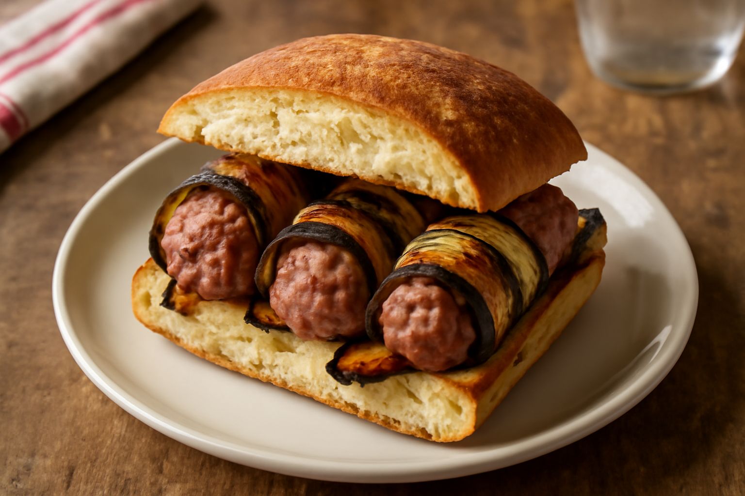 Panino aperto con fetta di involtino di carne marrone, melanzane e zucchine grigliate, servito su un piatto bianco con contorno di insalata fresca