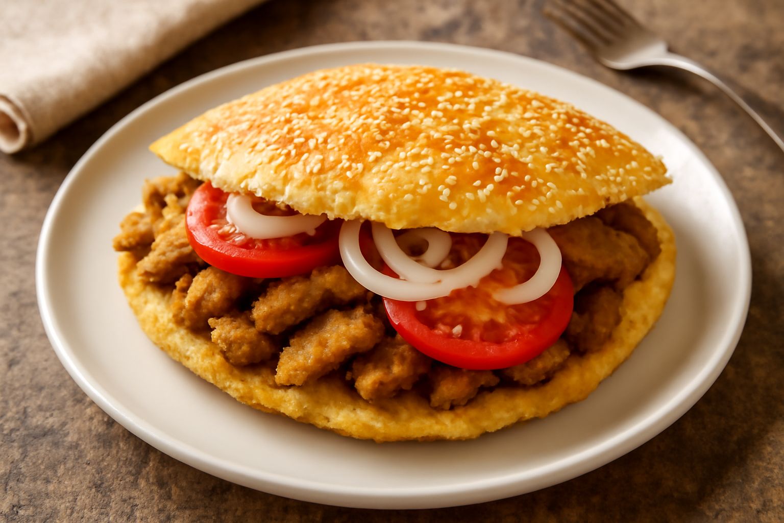 Panino ca meusa spaccato in due mostrando la polpa di vitello fritta dorata e croccante, il pomodoro rosso brillante e la cipolla bianca all'interno del pane, servito su un cartoccio bianco