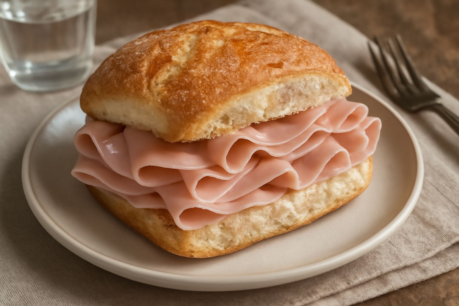 Panino appena tagliato a metà con mortadella rosa pallido visibile tra le fette di pane bianco leggermente tostato, burro morbido, servito su un piatto bianco