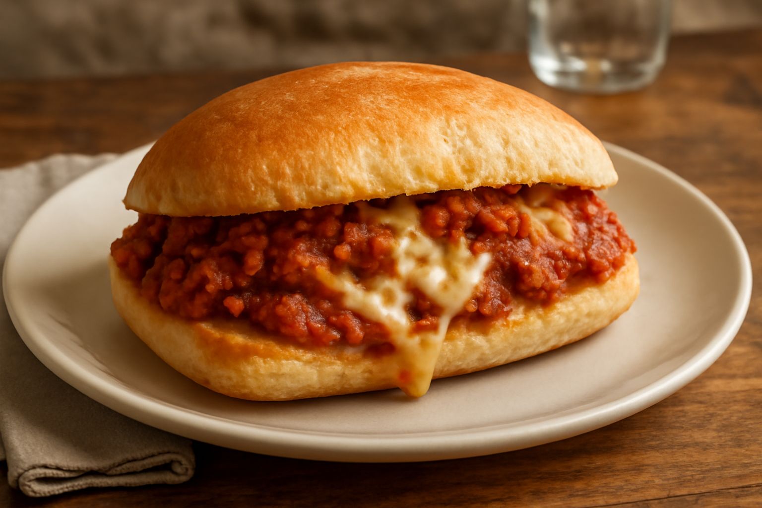 Panino ca' ragù con pane morbido dorato, ripieno di ragù rosso fumante e formaggio filante, servito su un piatto bianco con contorno di pepe nero