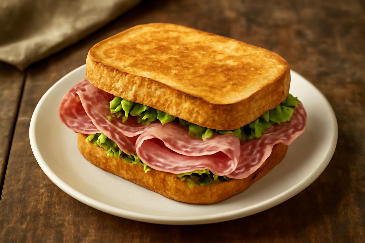 Panino aperto da cui fuoriescono fette di salame rosa e bianche, dentro pane tostato color nocciola, su un piatto bianco con contorno di lattuga verde