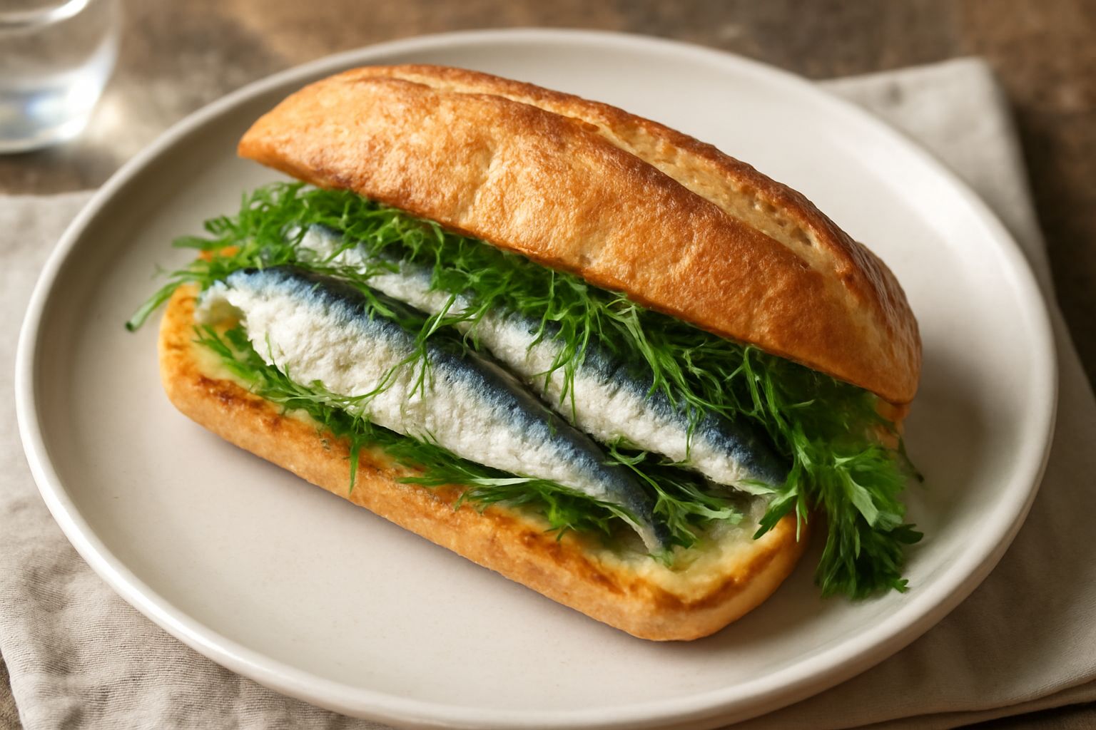Panino di pane toscano aperto con sardine disposte al centro, finocchietto verde fresco sparso sopra, gocce d'olio extravergine visibile, sfondo di tavolo in legno naturale