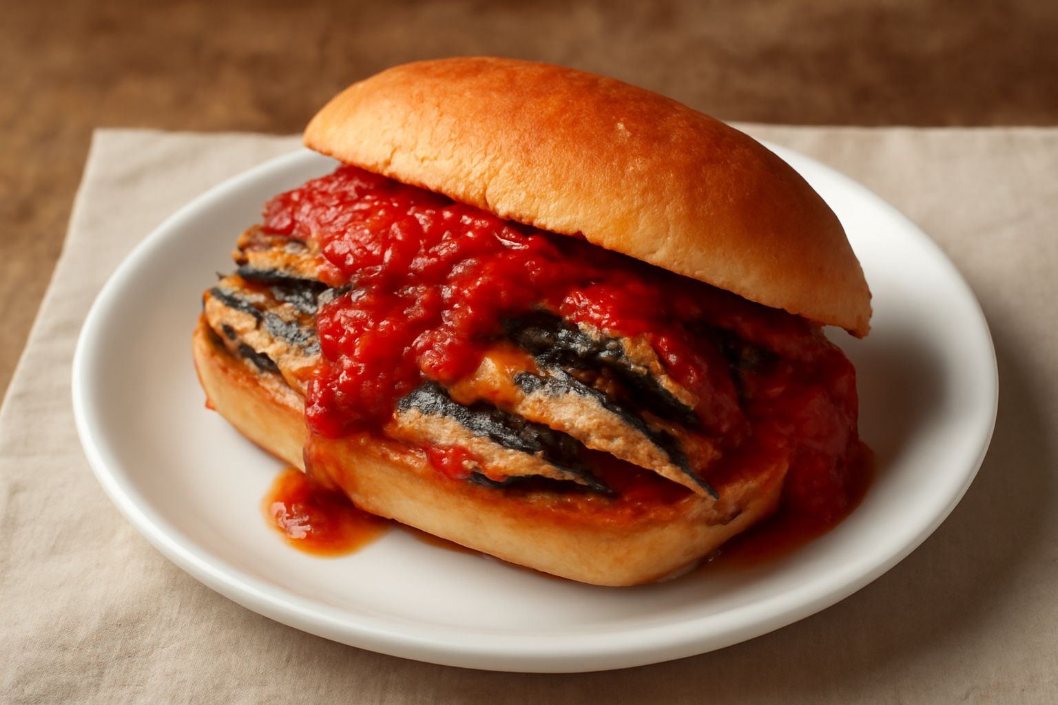 Panino aperto con sardine dorate e sugo di pomodoro fresco, pane bianco tostato ai lati, sardine visibili intere dentro il pane, piatto bianco, fondo scuro