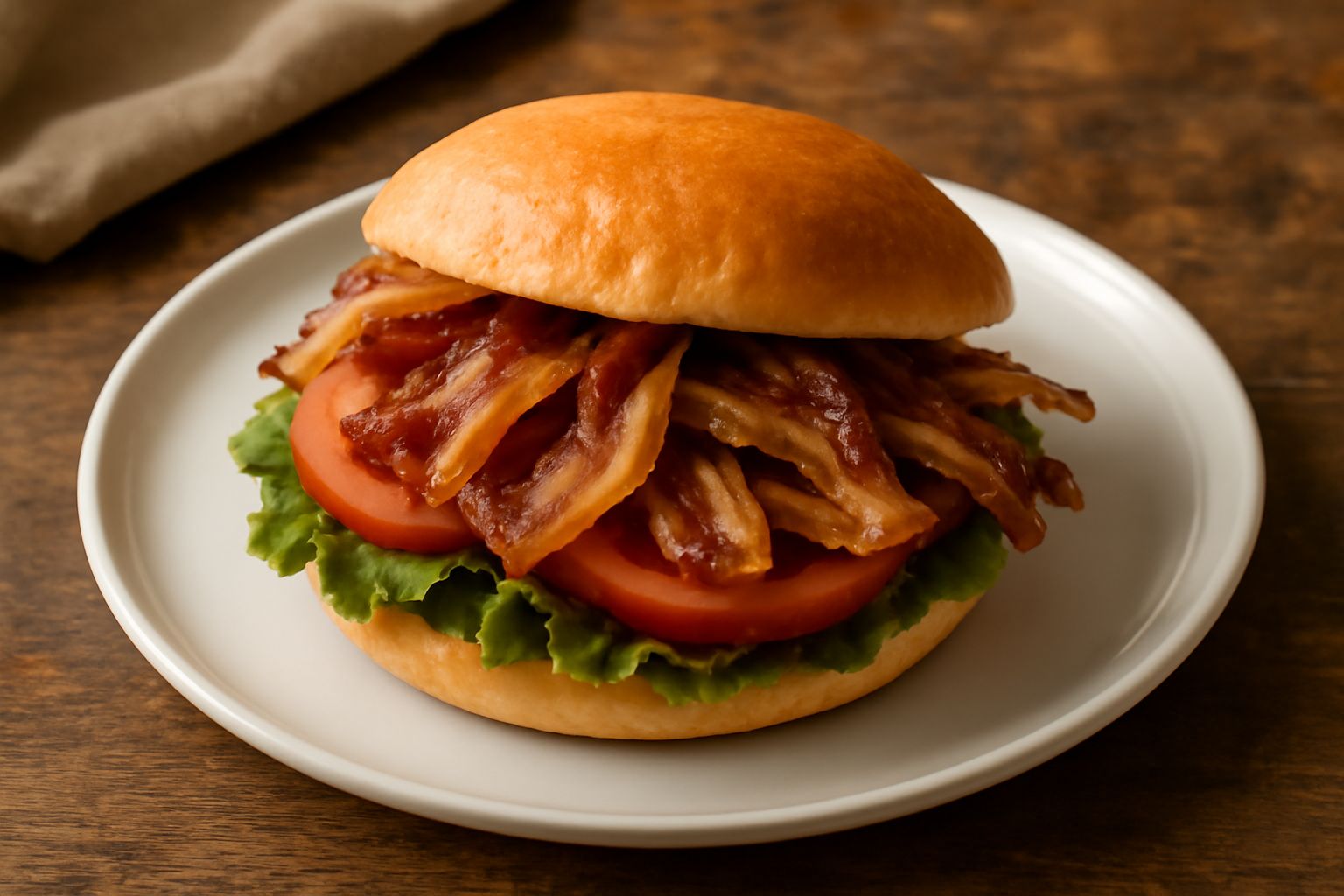 Panino aperto su fondo bianco con guanciale dorato e croccante, fette di pomodoro fresco, foglia di lattuga e pane tostato ai lati