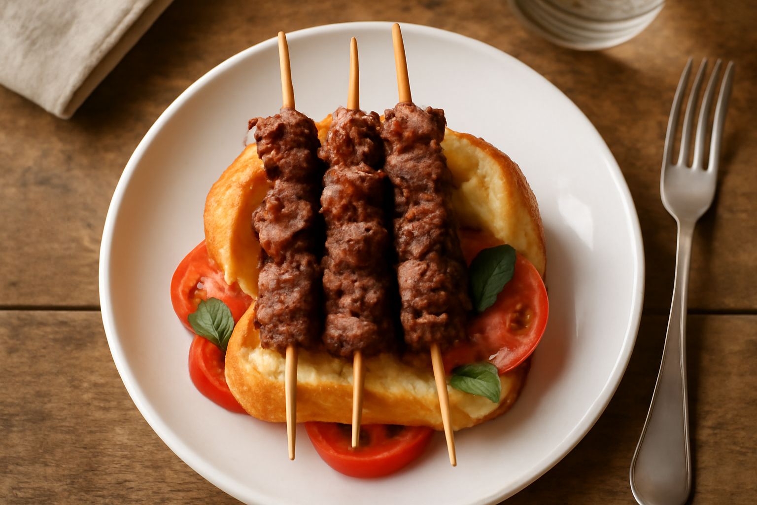 Panino tostato con arrosticini di carne alla griglia, spiedini visibili che fuoriescono dal pane dorato, accompagnati da pomodori rossi e prezzemolo fresco, su un piatto bianco