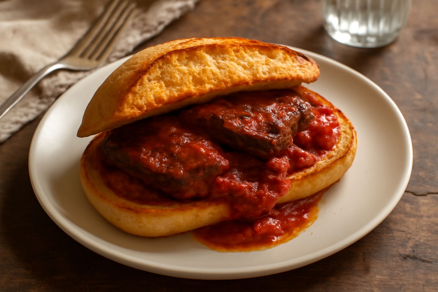 Panino aperto con braciole di carne morbida e sugo rosso denso, pane tostato ai lati, guarnizione di prezzemolo fresco, servito su piatto bianco con tovaglia da cucina