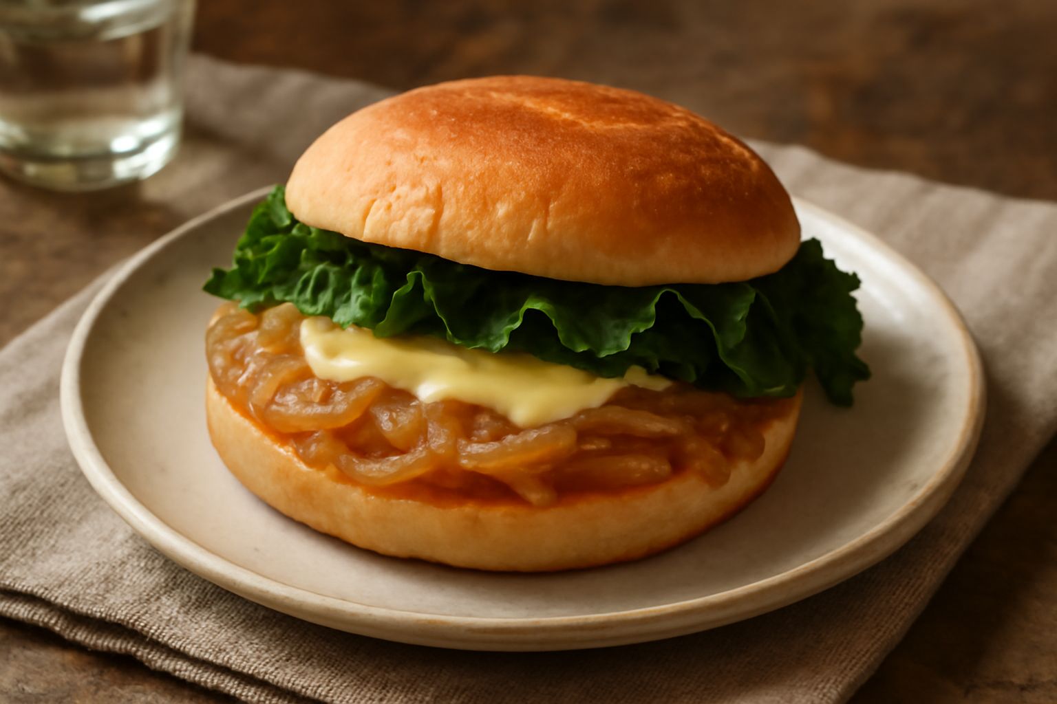 Panino aperto con cipolla dorata caramellata, formaggio fuso, lettuga fresca e pane tostato di color nocciola, su un piatto bianco