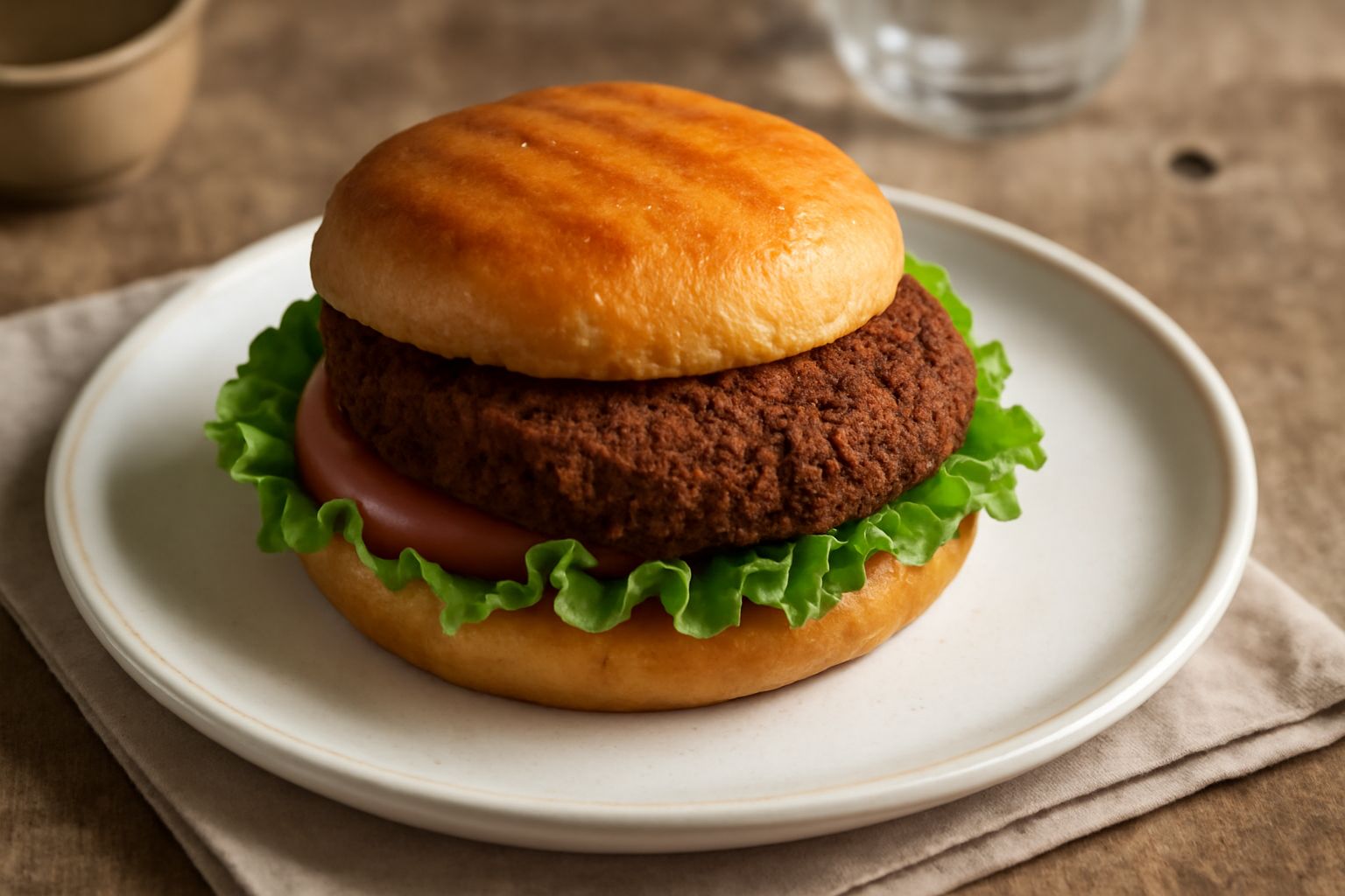 Panino appena tagliato a metà, pieno di «arancini» o «polpette» dorate e croccanti, lettuga fresca verde all'interno, panino tostato di colore marrone chiaro, impiattato su carta paglia bianca