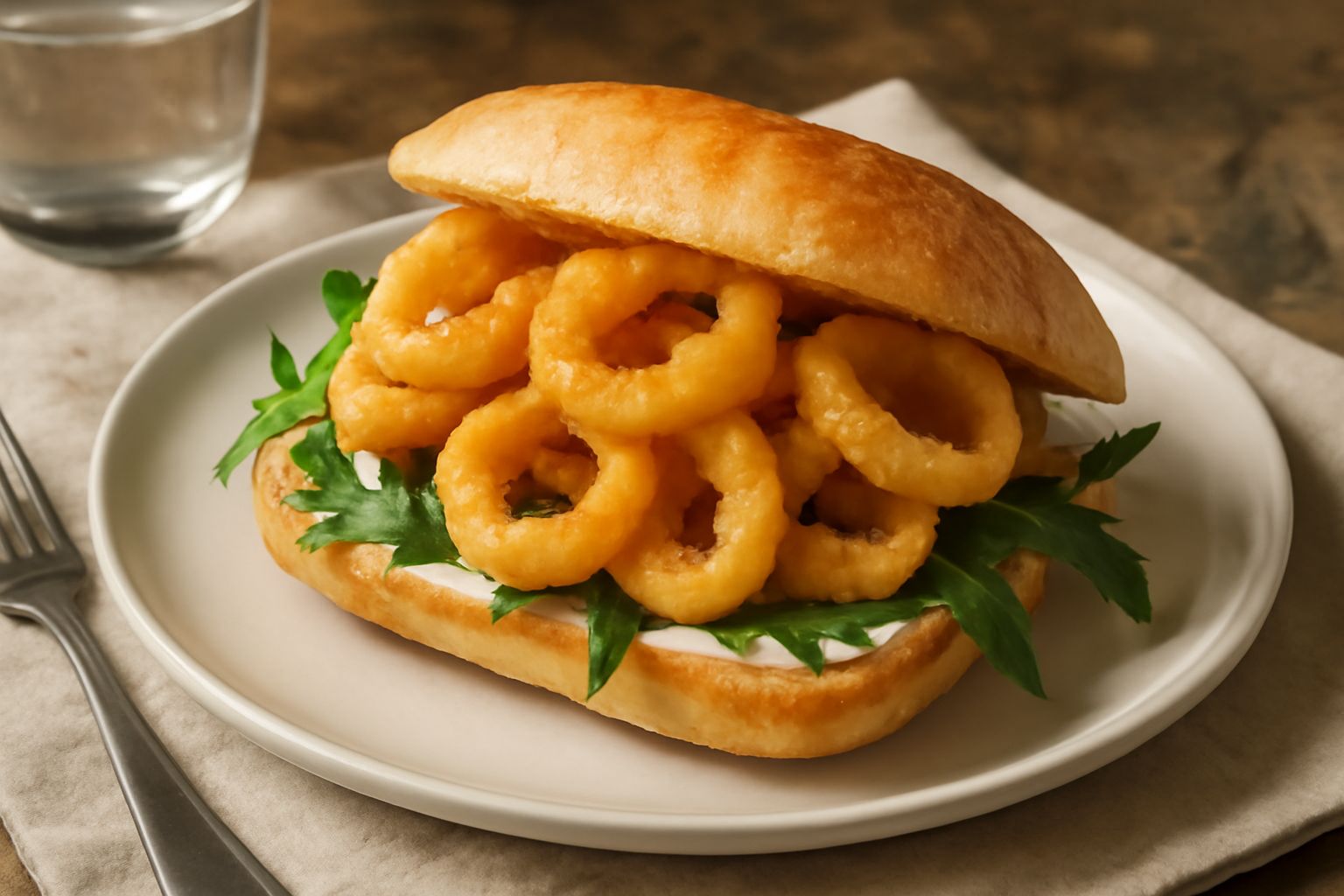 Panino aperto con anelli di calamaro dorato fritto dentro, salsa bianca, rucola fresca, servito su un piatto bianco con limone fresco a lato