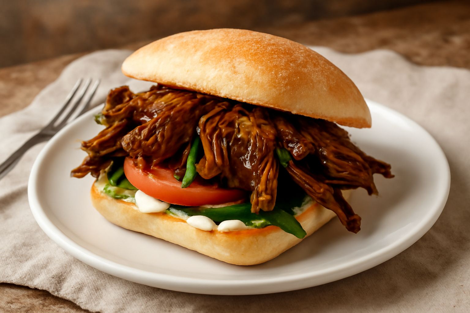 Panino aperto su carta da forno contenente fette di carciofo fritto color oro intenso, croccanti e dorate, con maionese bianca, pomodoro affettato e foglie di insalata verde, servito su un piatto di c