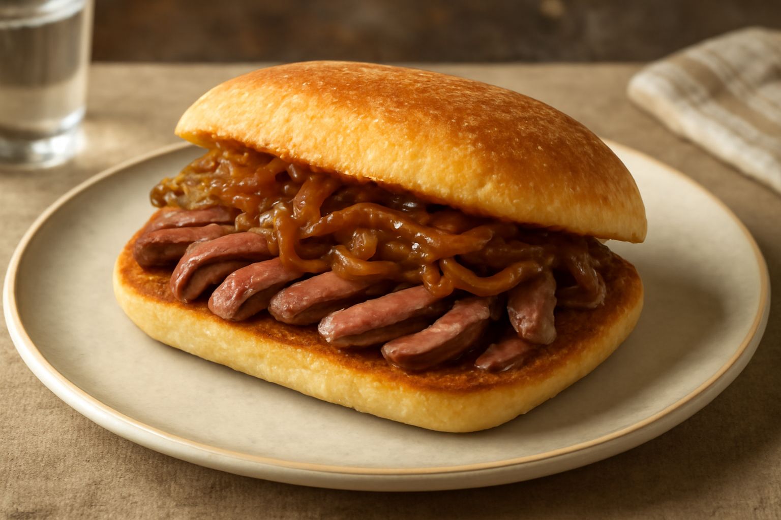 Panino aperto con fegato rosato salato in padella, cipolle caramellate dorate, servito su pane di semola tostato leggermente, contorno di aceto balsamico scuro in cucchiaio