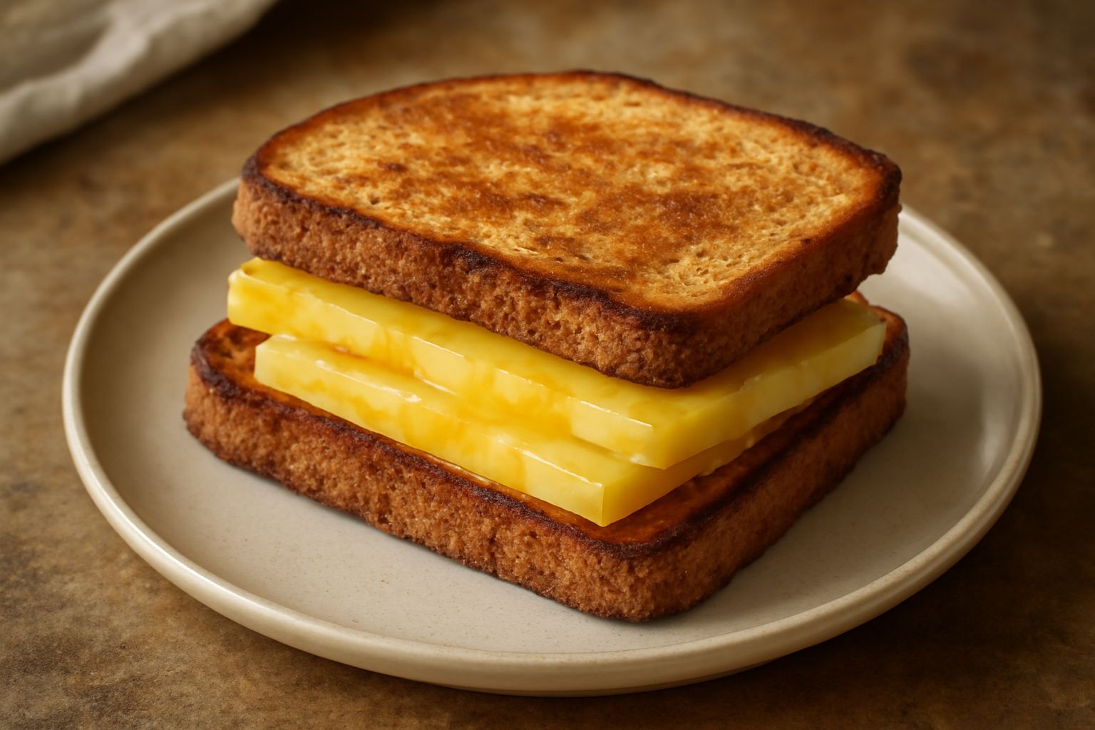 Panino aperto con pane tostato di colore marrone dorato, formaggio di fossa color giallo acceso affettato in tre strati, spolvero di pepe nero, posizionato su piatto in ceramica bianca con contorno di