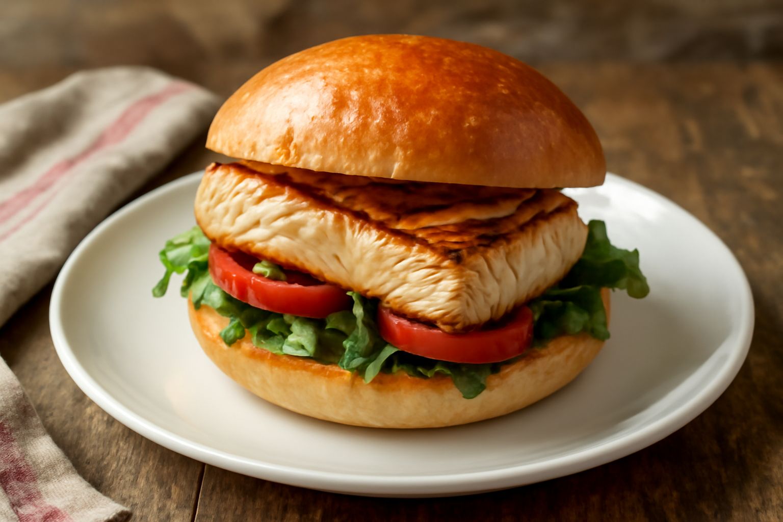 Panino aperto con filetto di pesce spada dorato, fette di pomodoro rosso e verde salsa, pane tostato ai lati, su piatto bianco con limone affettato
