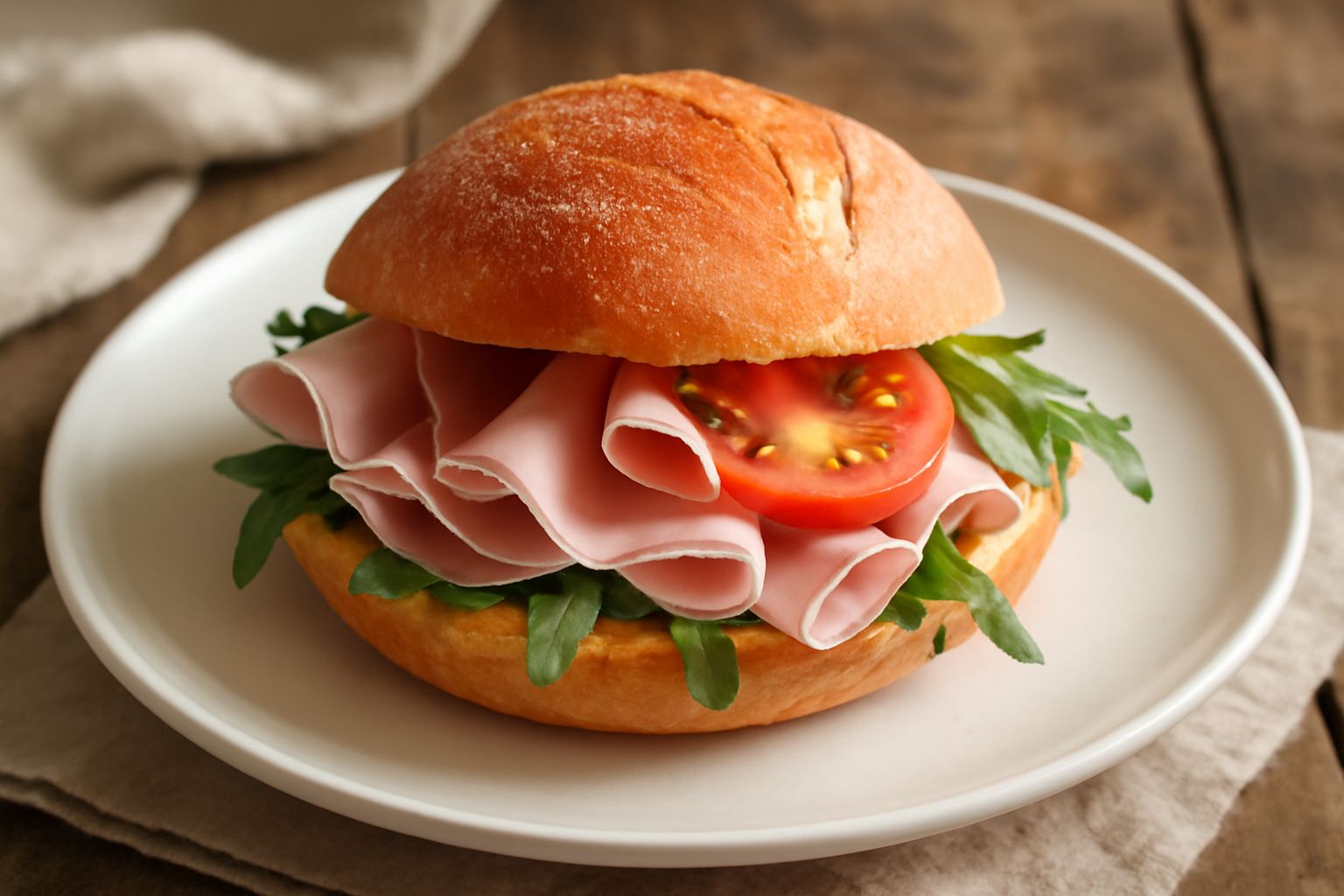 Panino di pane rosato appena tagliato contenente fette di prosciutto crudo rosato, foglia di rucola verde e pomodoro, servito su tavolo di legno con bicchiere d'acqua accanto
