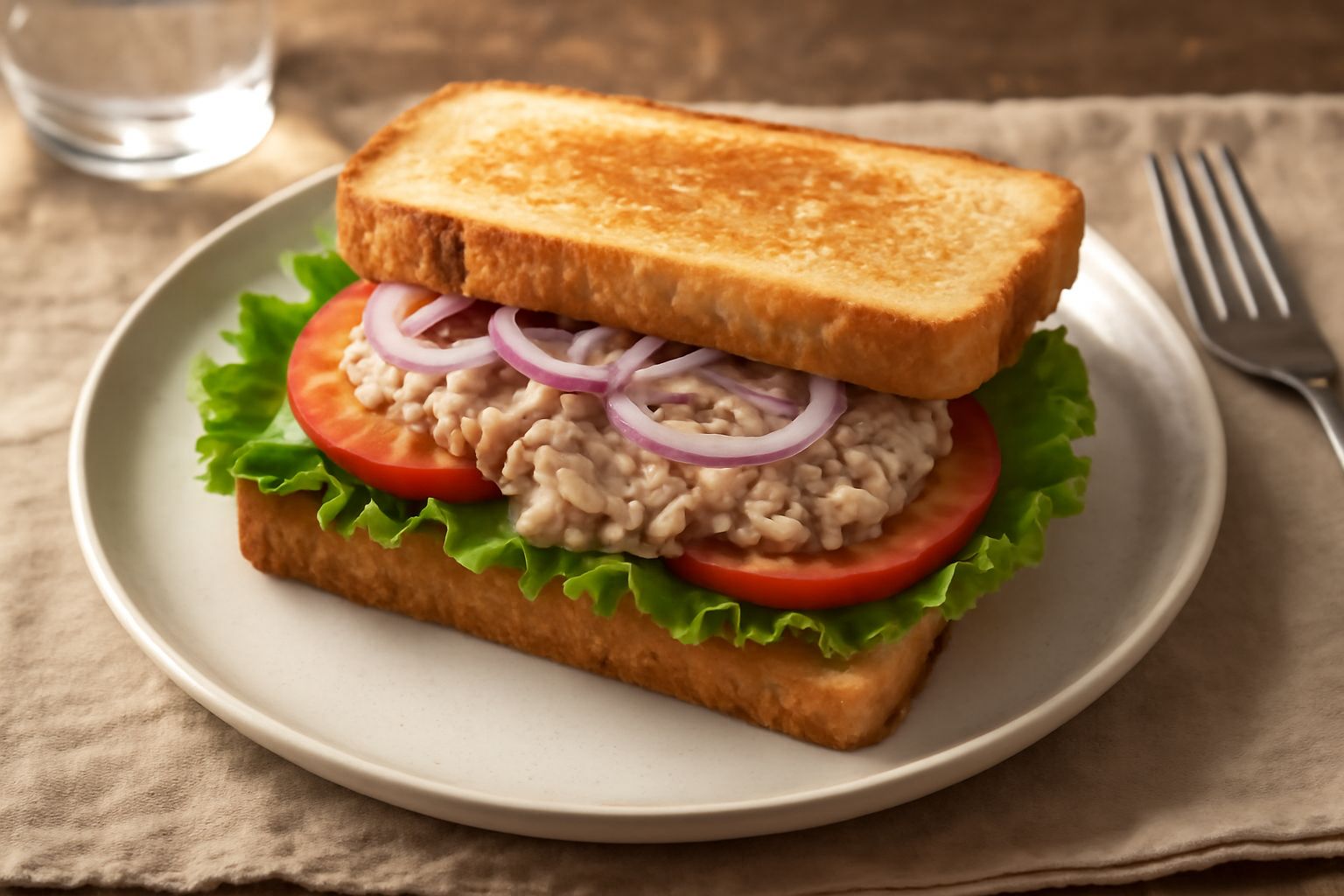 Panino con il tonno aperto mostra pane bianco tostato con due fette, ripieno di tonno sminuzzato color grigio chiaro, fettine sottili di pomodoro rosso, foglie di lattuga verde e maionese bianca, serv