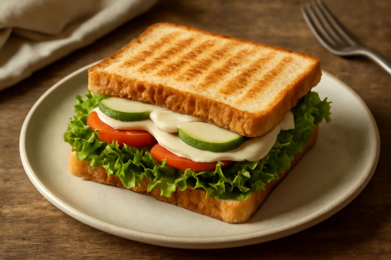 Panino aperto sul piatto bianco con strati visibili di insalata verde, pomodoro rosso, cetriolo trasparente, petto di pollo bianco e maionese, pane tostato dorato ai bordi, guarnito con foglia di basi