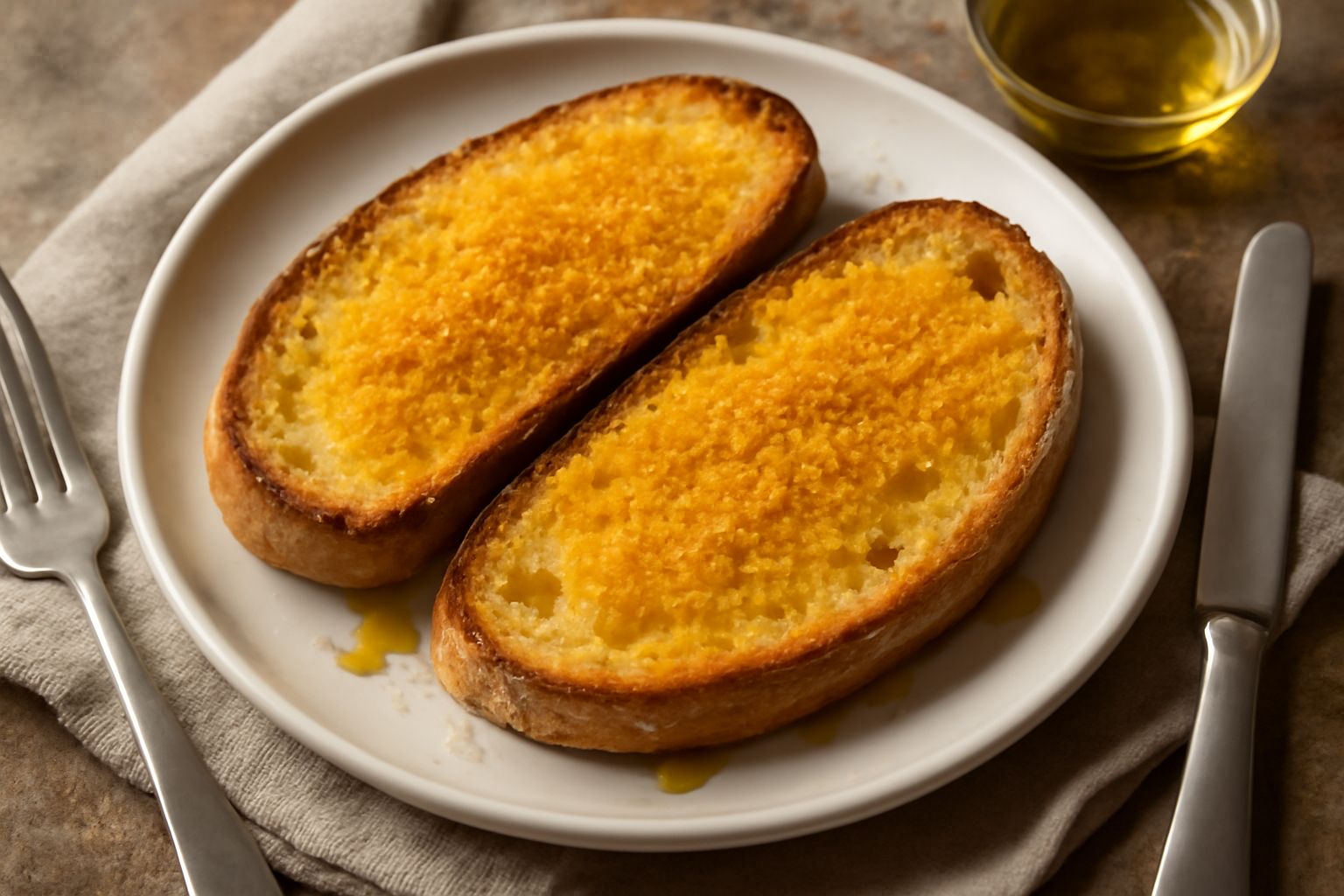 Panino di pane tostato aperto ripieno di bottarga grattugiata di colore arancio dorato, filo di olio d'oliva che scivola sul pane, limone fresco sul piatto, sfondo bianco