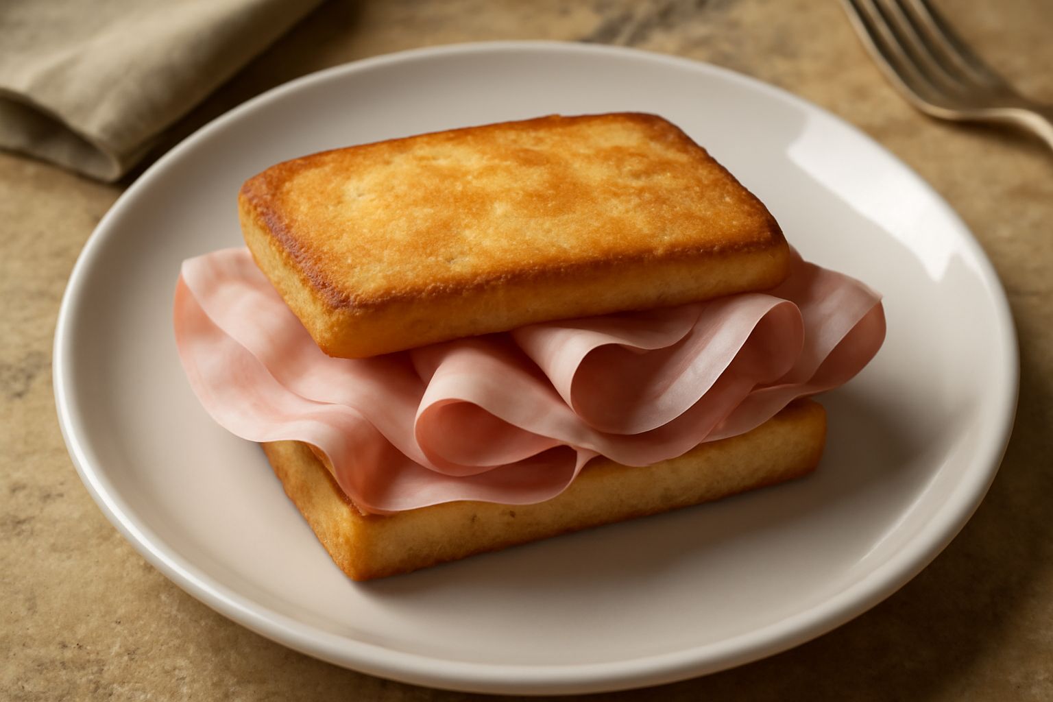 Panino aperto con fette di mortadella rosa pallido, su pane bianco tostato leggermente, servito su un piatto bianco con contorno di verdure fresche tagliate