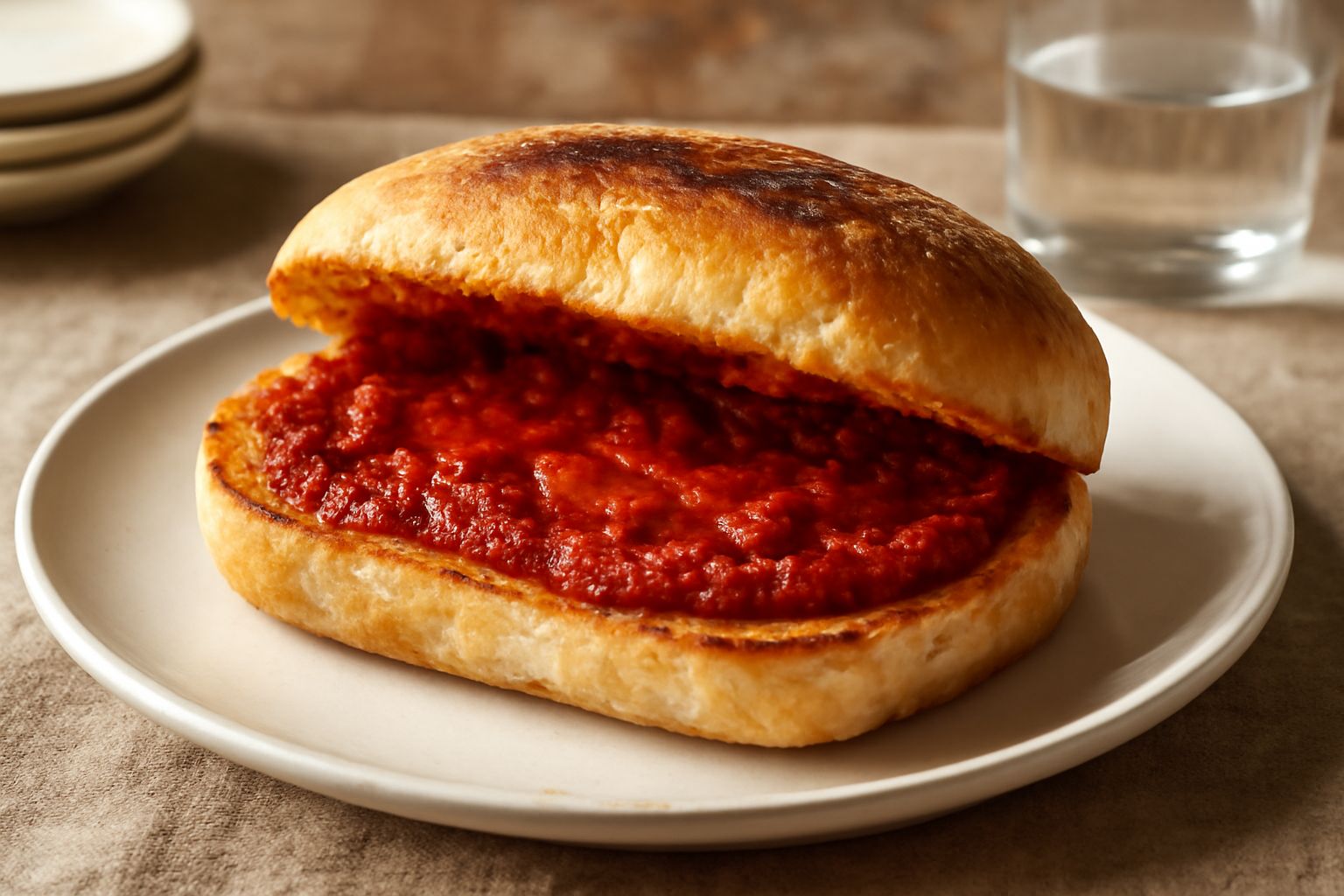 Panino aperto riempito di 'nduja rossa cremosa, con pane tostato dai bordi dorati, poggiato su un tagliere di legno scuro con qualche goccia di olio visibile