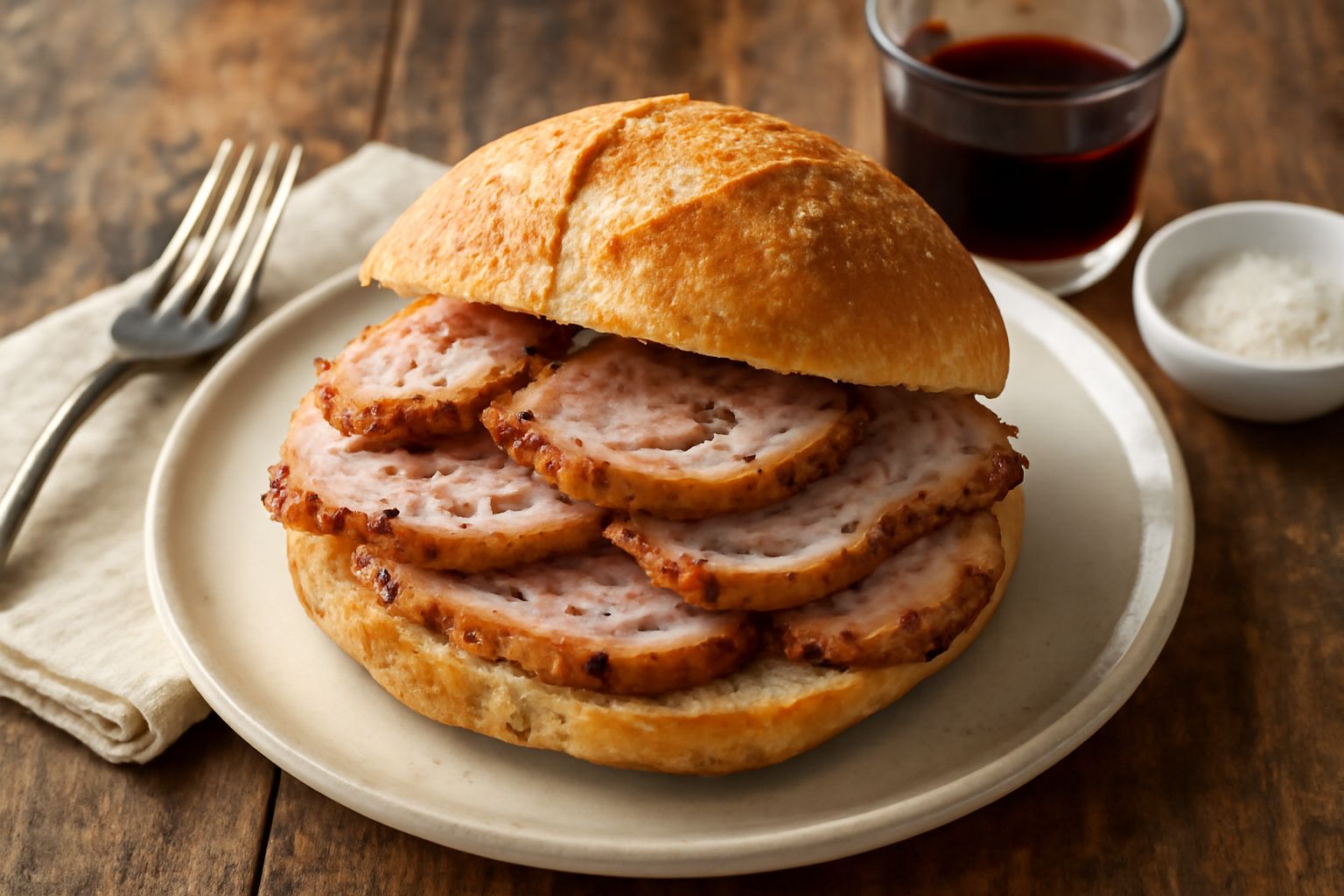 Panino di pane toscano aperto con fette di porchetta rosa e dorate, insalata verde, cipolla bianca sottile e salsa rossa, servito su piatto in ceramica bianca con tovagliolo di lino beige