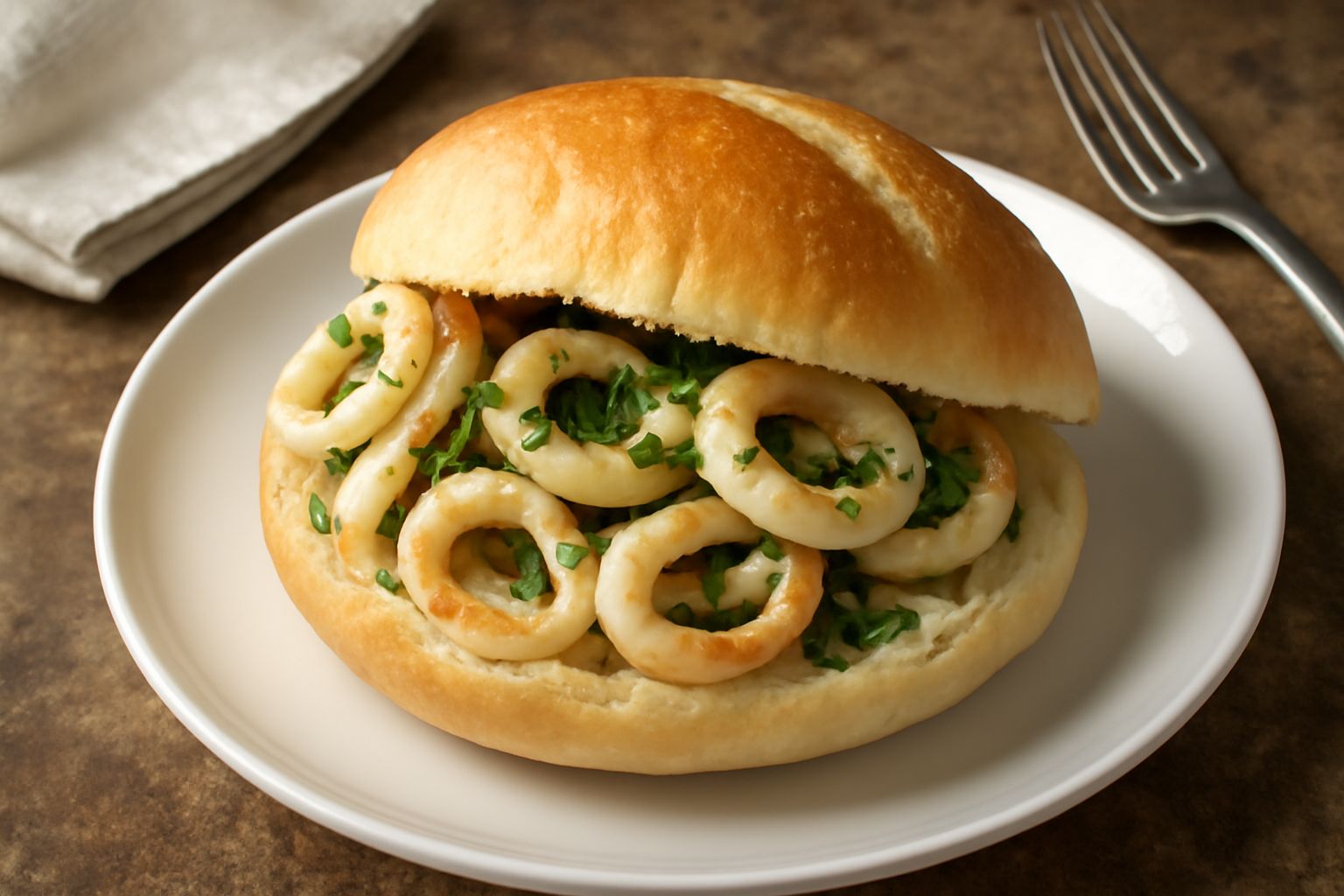 Panino bianco aperto con anelli di seppia croccanti, prezzemolo verde e gocce di limone, servito su un piatto con limone tagliato a fette e olive nere