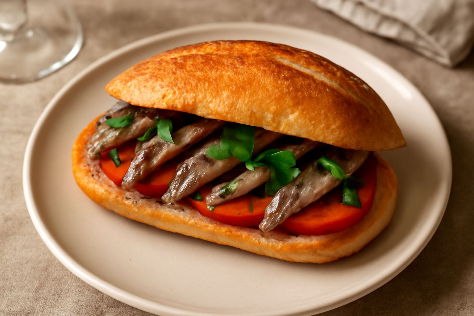 Panino aperto con acciughe salate disposte a ventaglio su pane tostato color nocciola, pomodori rossi affettati, foglie di prezzemolo fresco verde, servito su piatto bianco con cucchiaio accanto