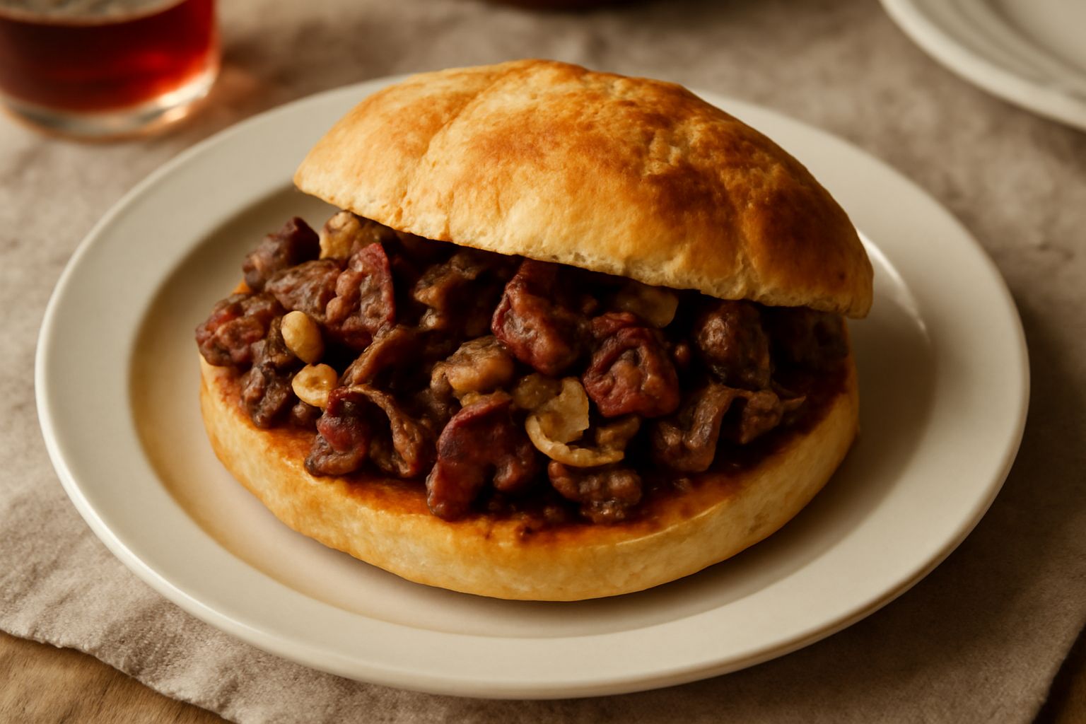Panino aperto con frattaglie rosso scure, cipolla bionda e prezzemolo fresco su pane tostato, servito nel piatto con contorno di verdure crude