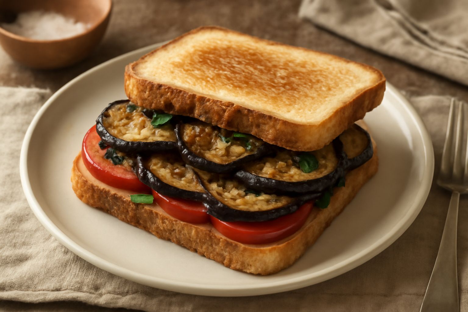Panino aperto con fette di melanzane dorate e croccanti, pomodoro fresco e basilico verde su pane di grano tondo, servito su un piatto bianco